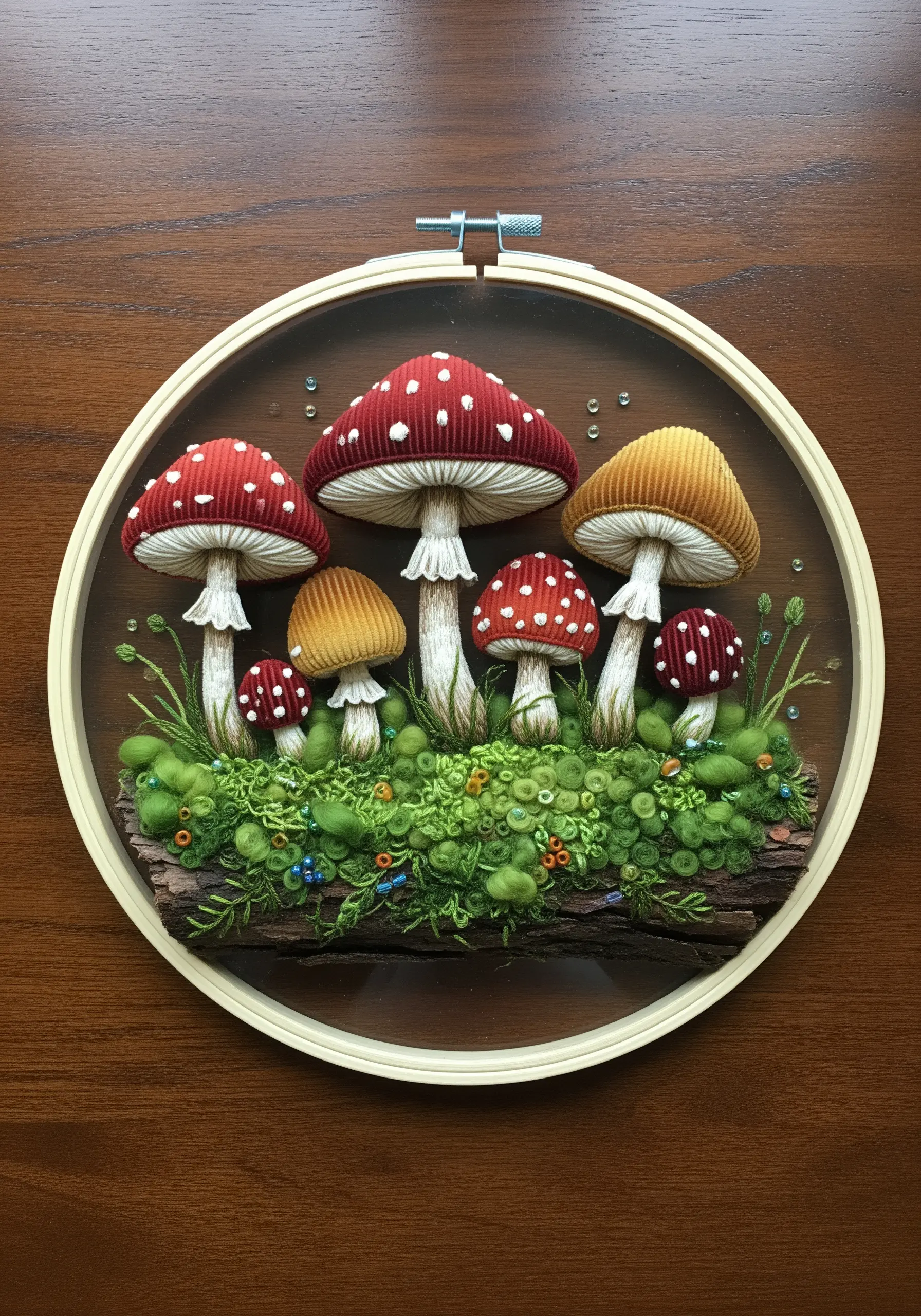3D mushrooms made with corduroy and velvet appliqué on a yarn-based mossy ground.