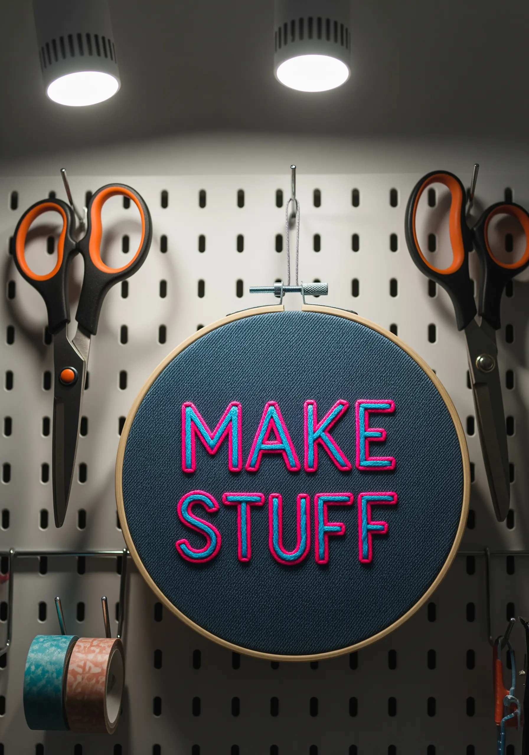 Neon pink and blue split stitch text on dark denim fabric hoop