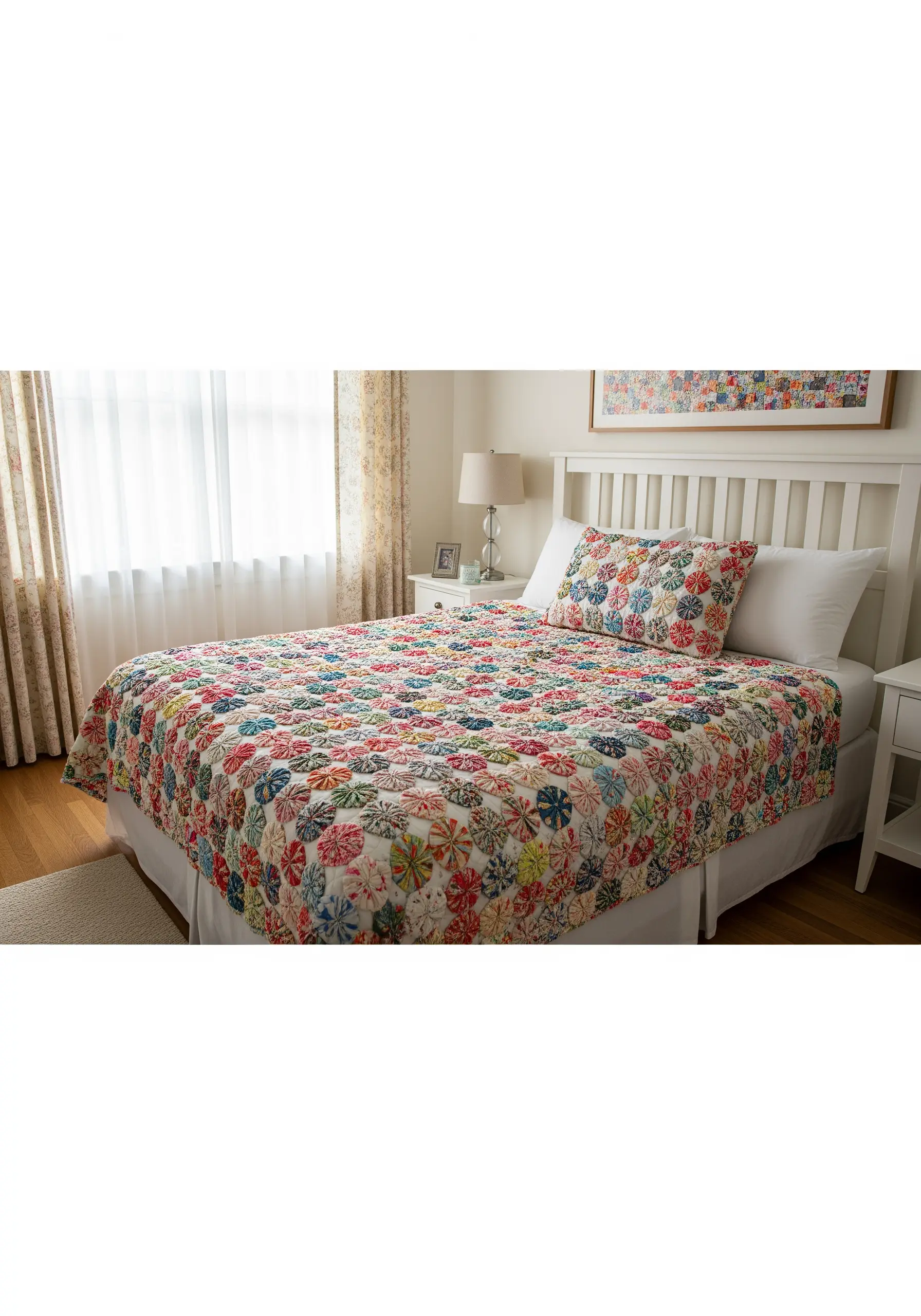 Colorful yo-yo quilt on bed with vintage floral fabrics