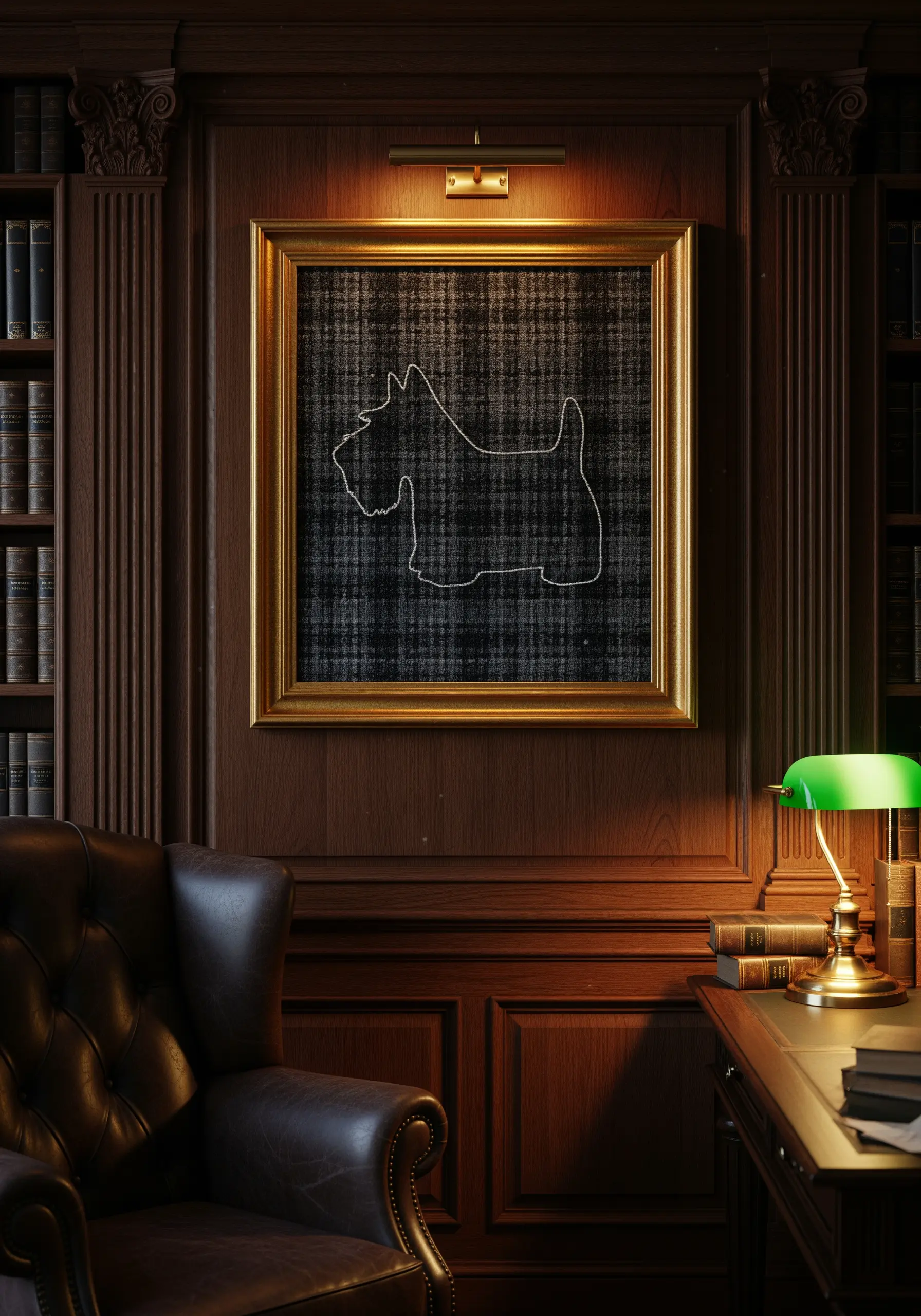 White outline of Scottish Terrier embroidered on dark plaid fabric