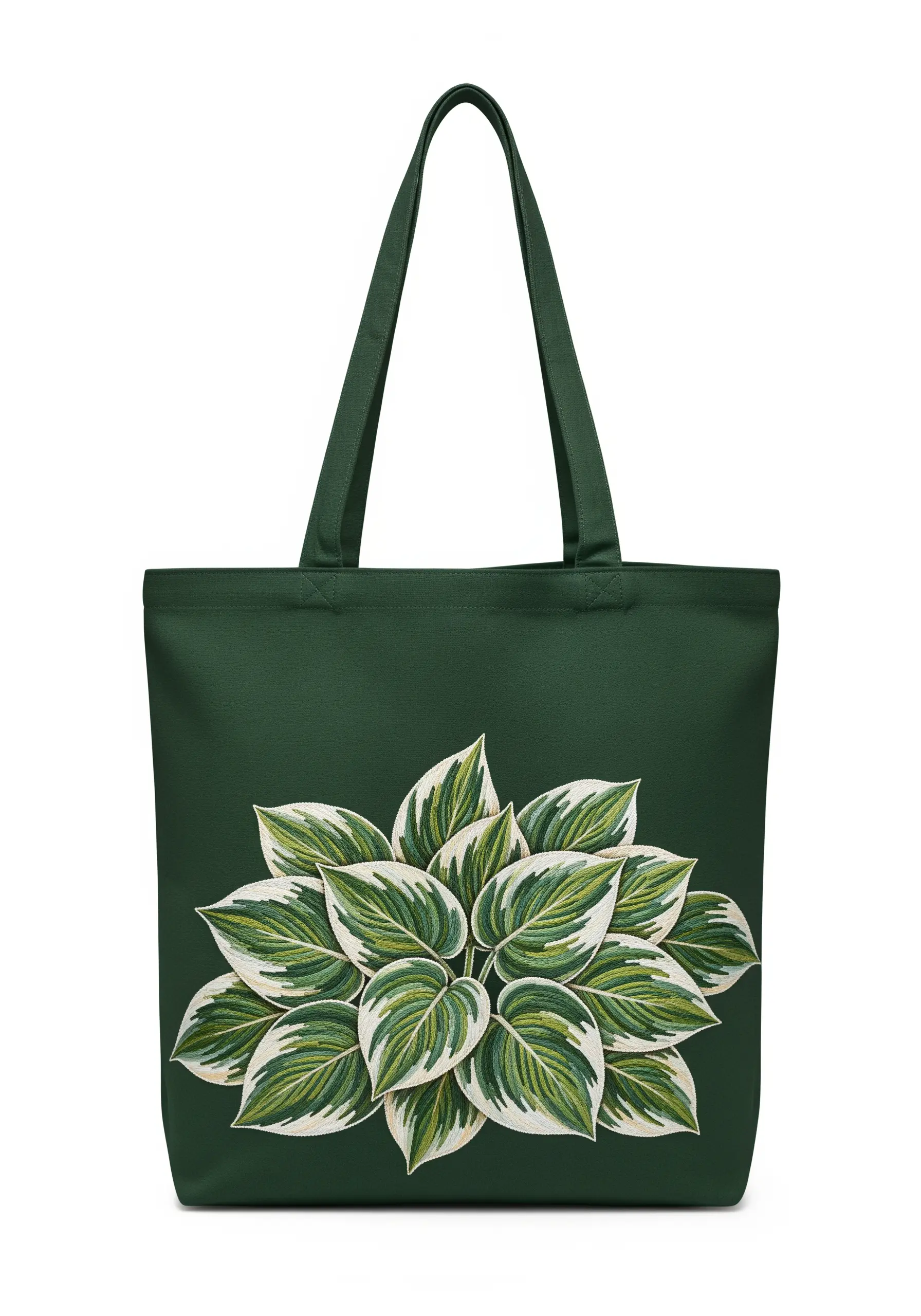 A dense cluster of embroidered variegated hosta leaves with white and green coloring.