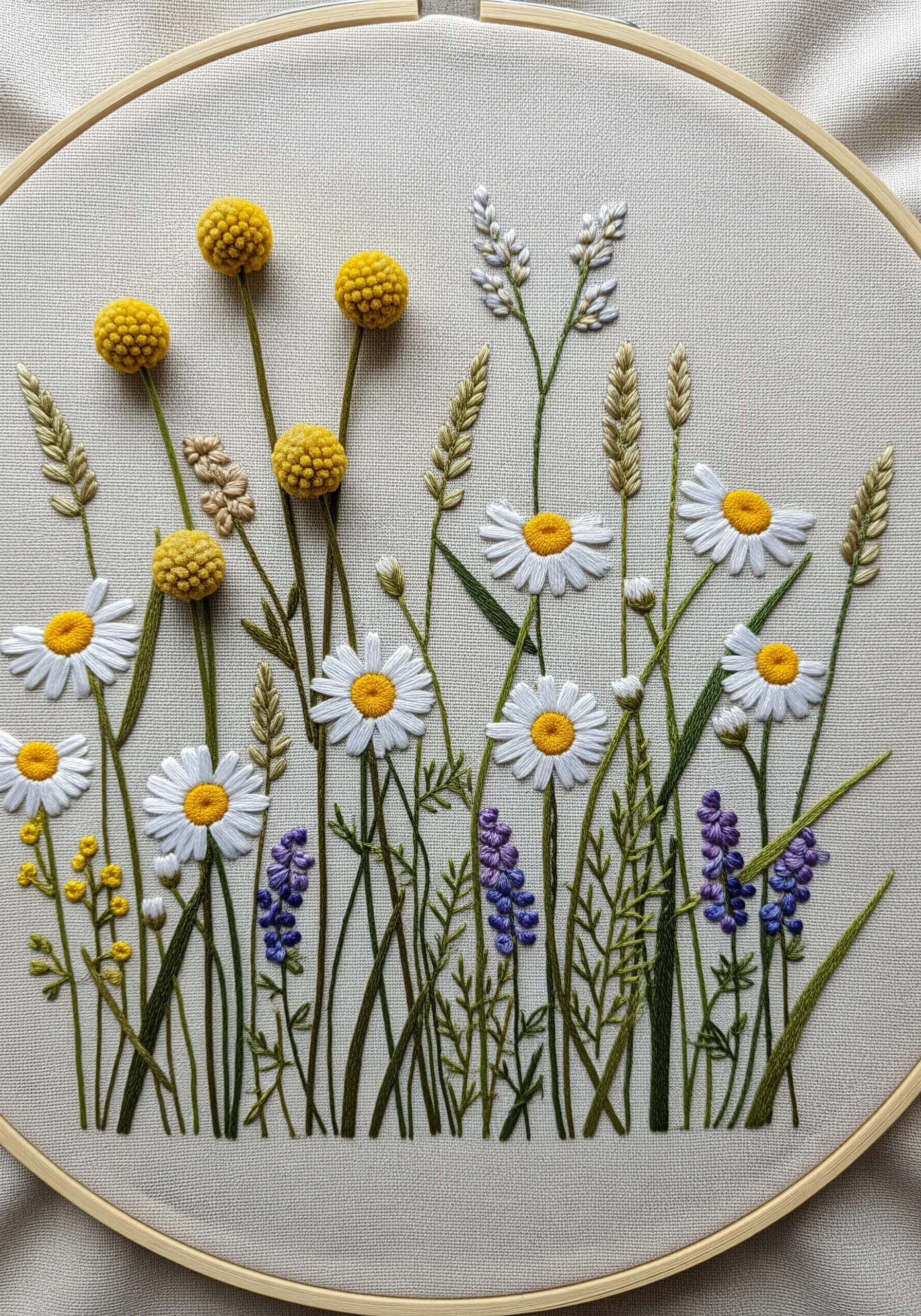 Wildflower meadow embroidery featuring stems of varying heights and textures