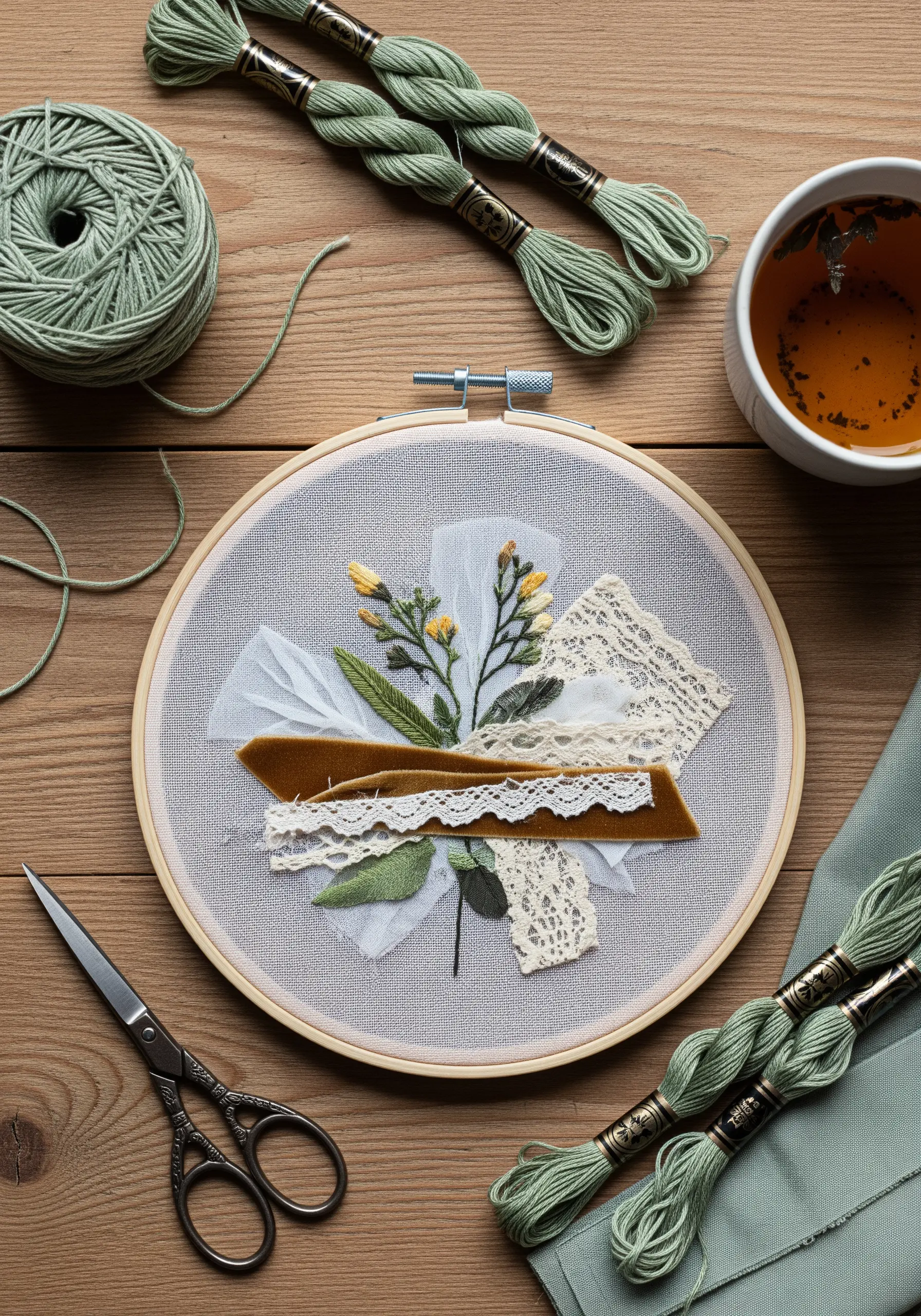 Layering velvet ribbon and lace in embroidery hoops