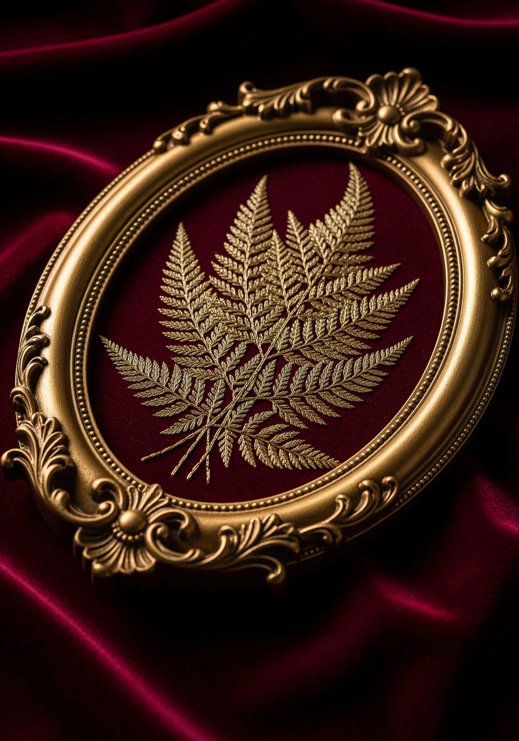 Gold fern leaf mounted on red velvet in an ornate oval frame