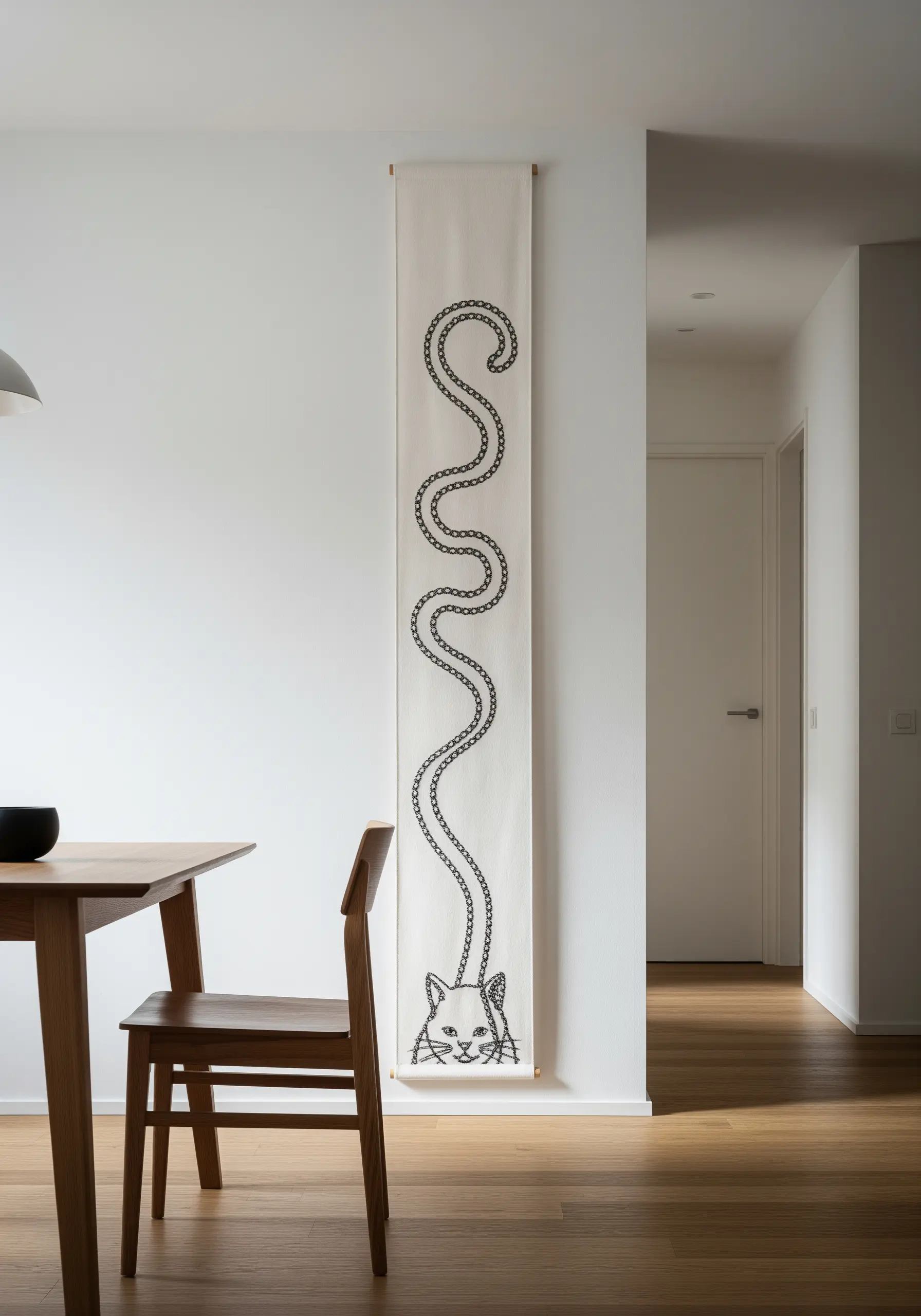 Long vertical banner featuring a cat with an exaggerated long tail