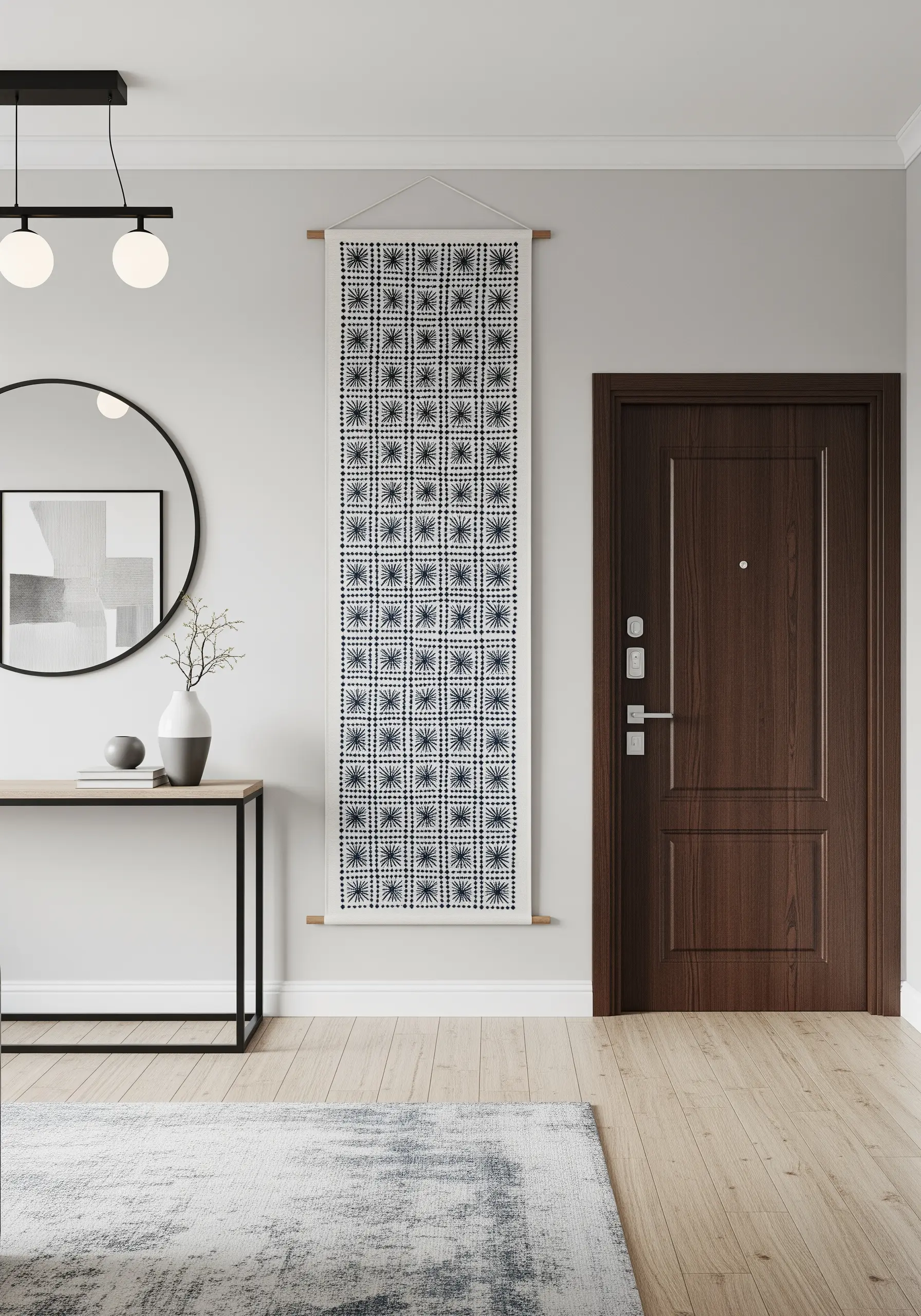 Long vertical white tapestry with blue geometric sashiko patterns hanging near a door