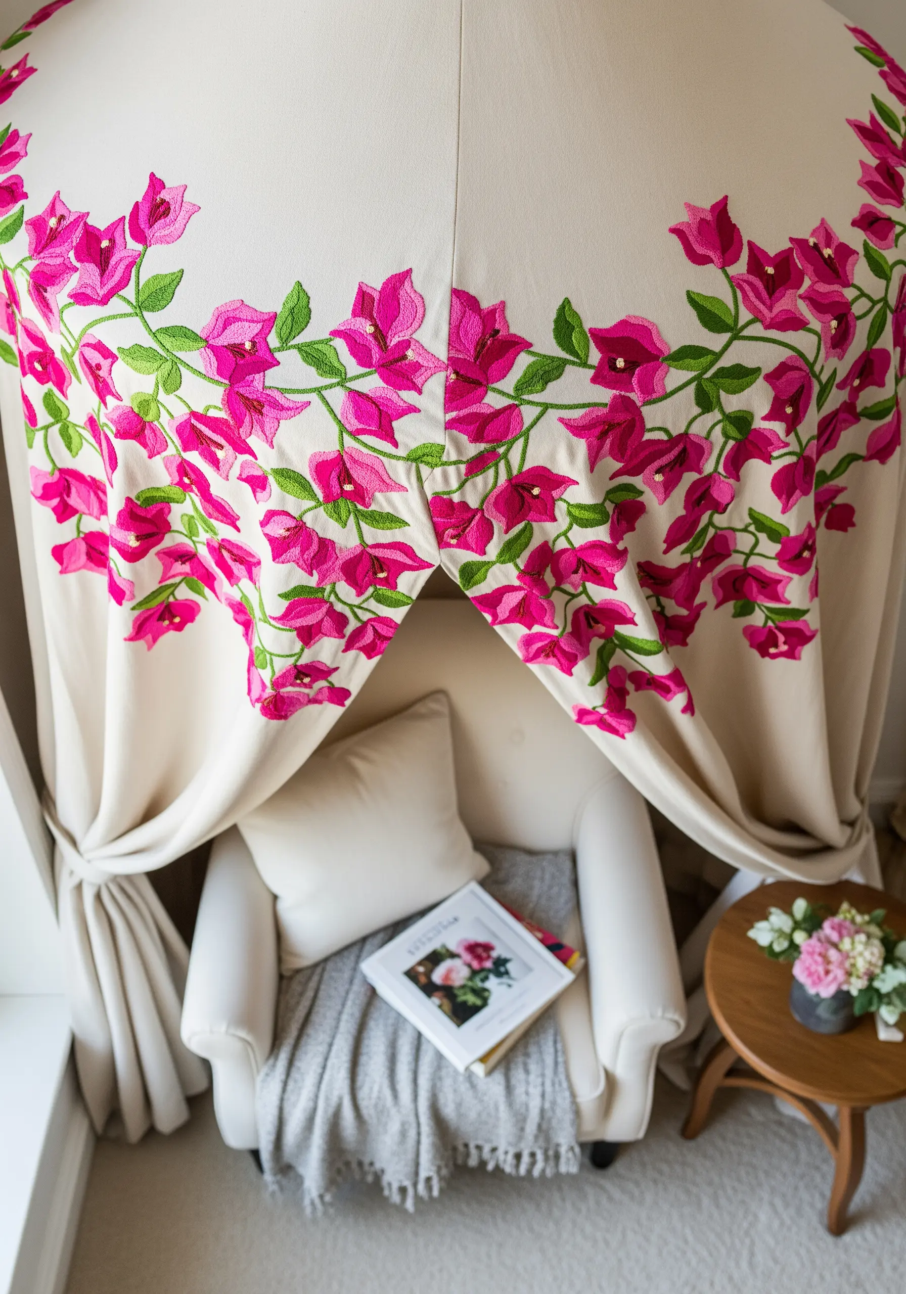 Bright pink bougainvillea embroidered along the edge of a canopy over a reading chair.