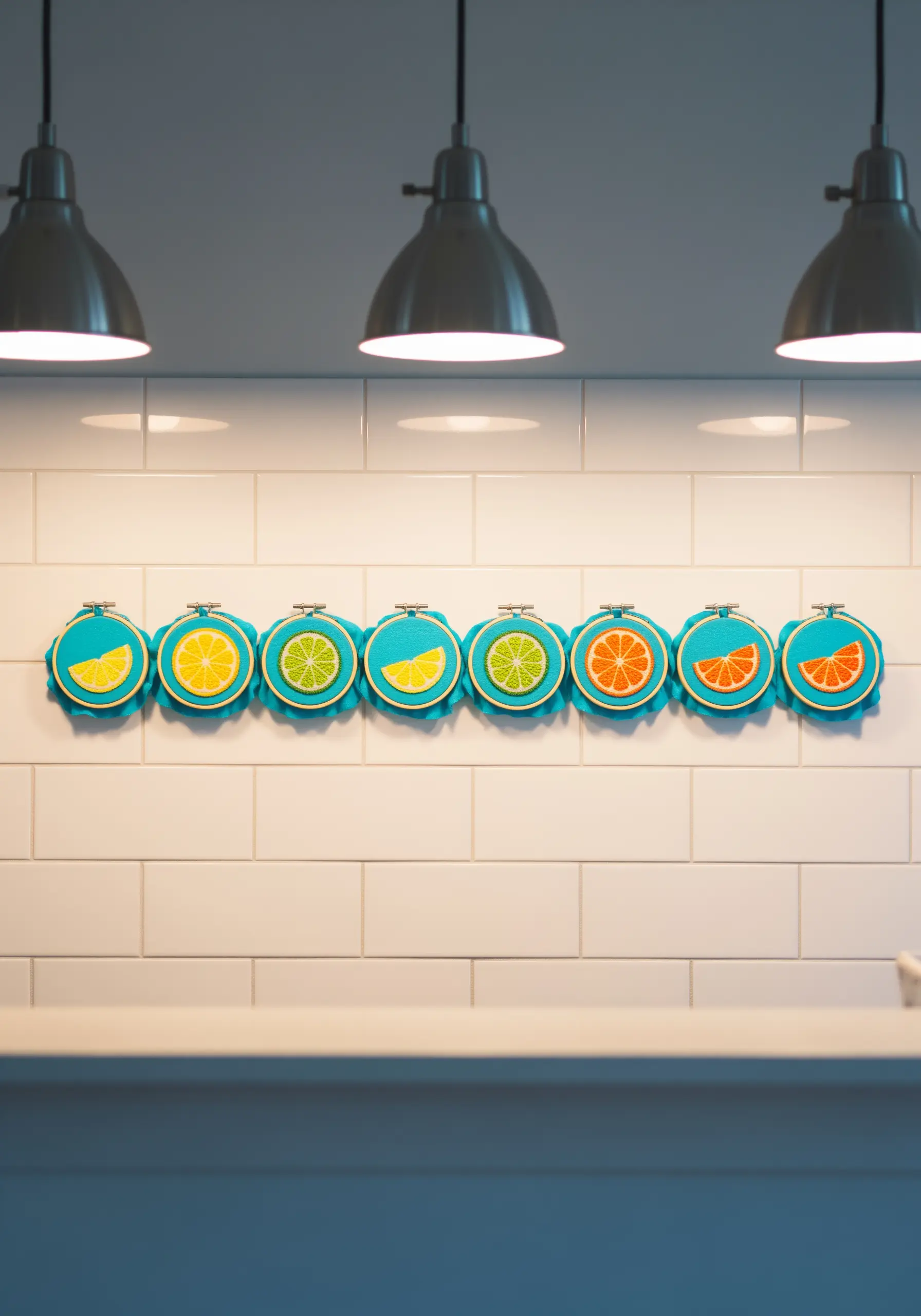 Bright citrus slice embroidery patterns on teal fabric hoops