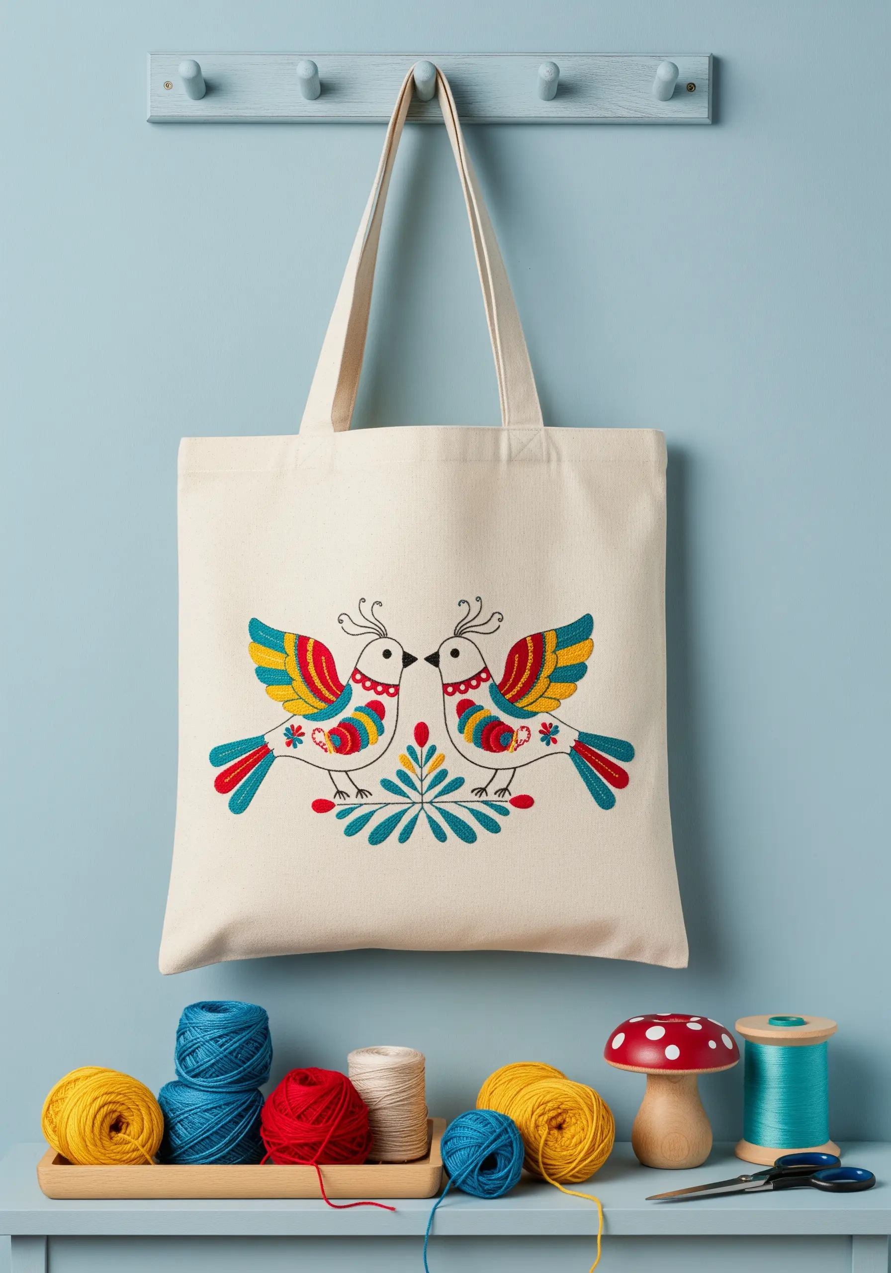 Two colorful folk art birds with bold patterns embroidered on a canvas tote bag.