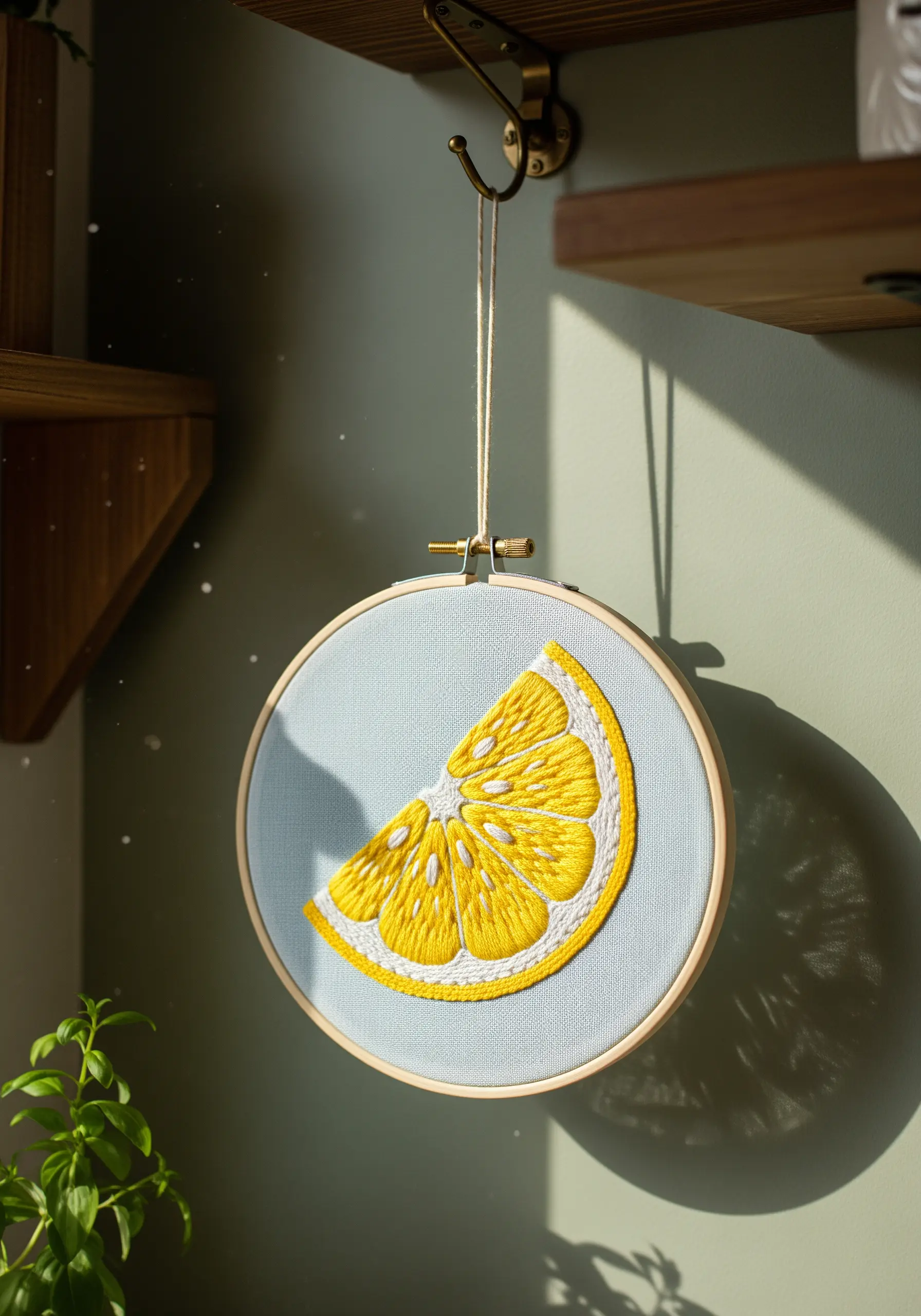 Yellow lemon slice embroidery on light blue fabric