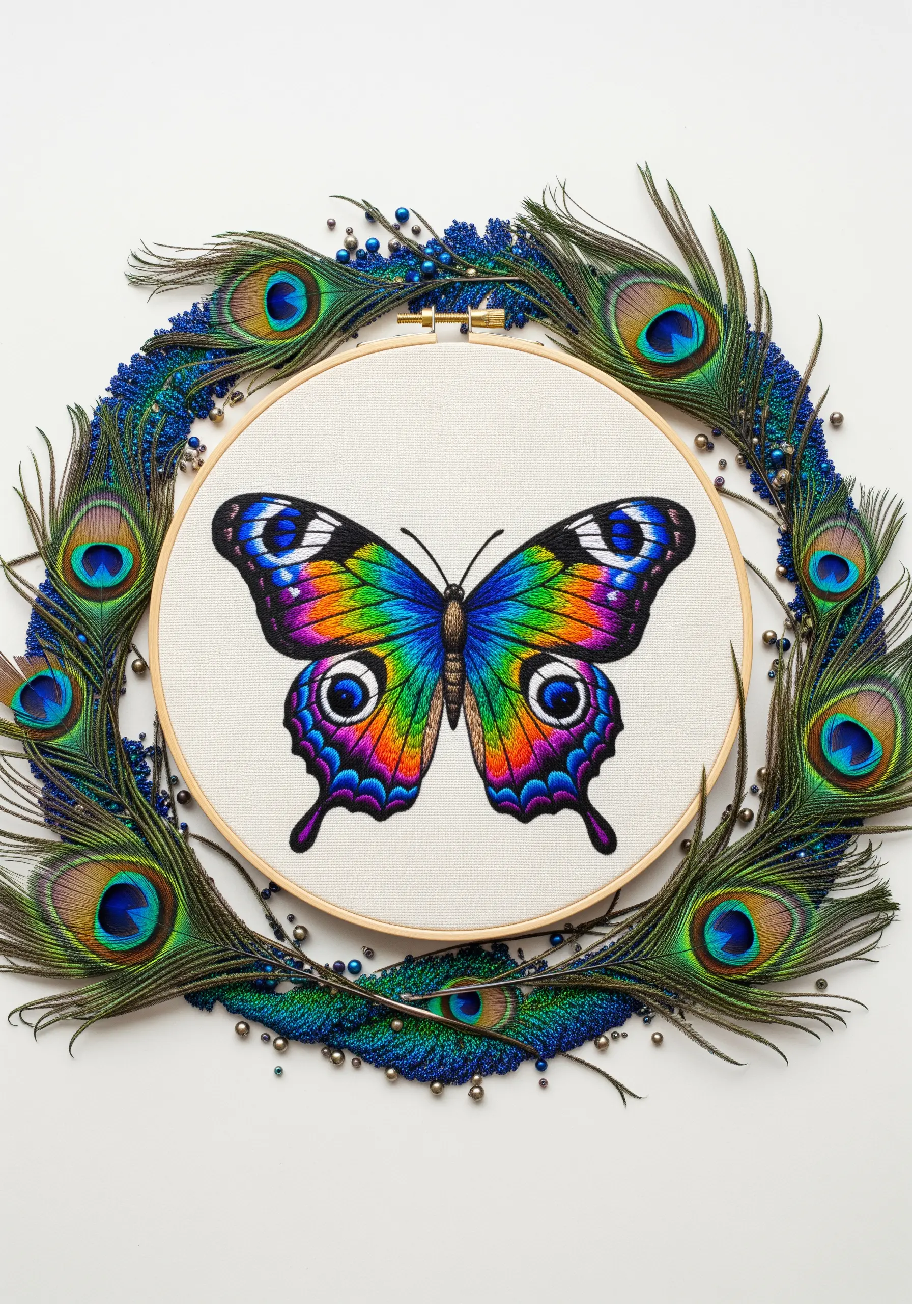 A rainbow-colored butterfly with intricate details, surrounded by peacock feathers.