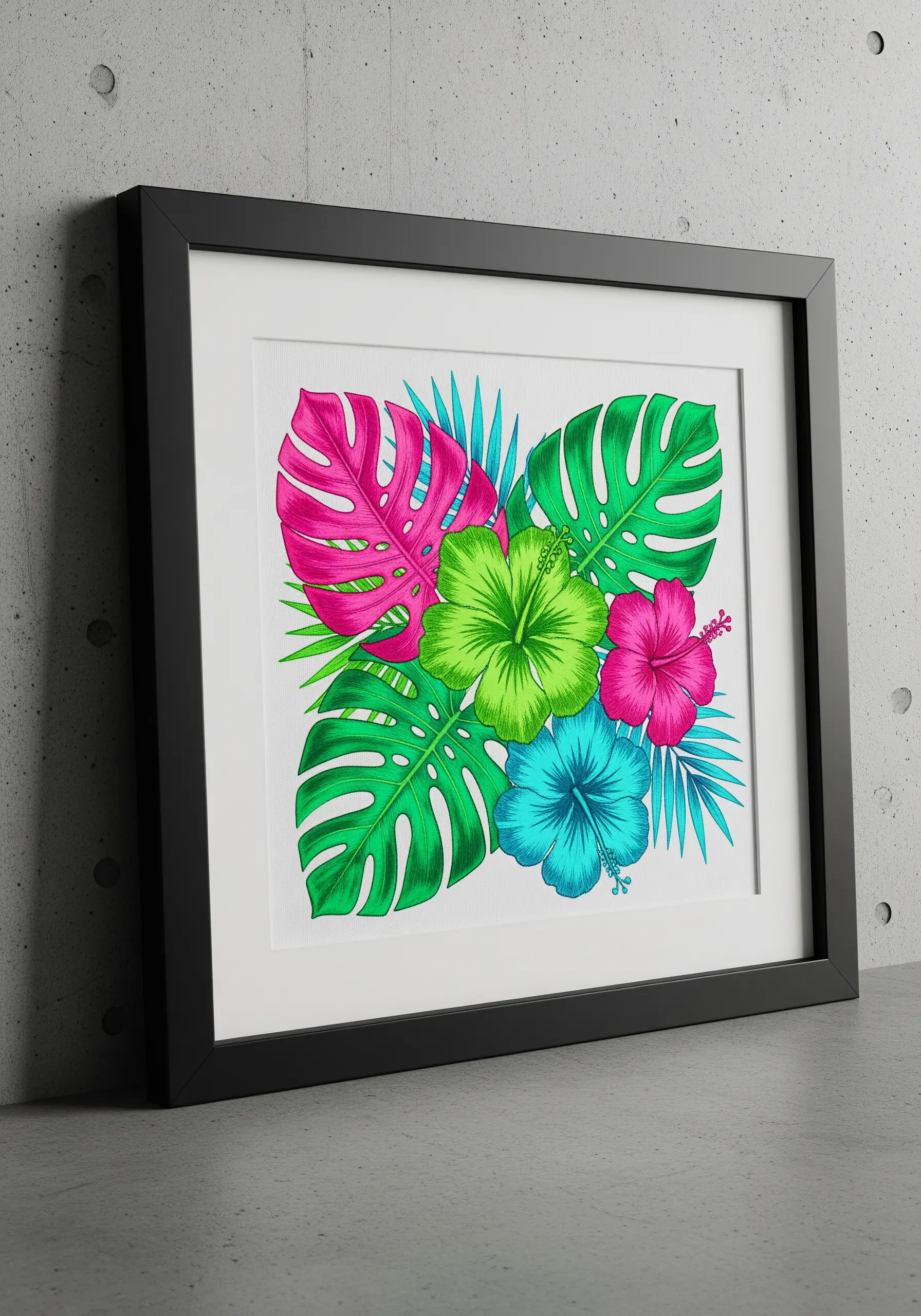 Square black frame with bright neon pink and green tropical leaves and hibiscus
