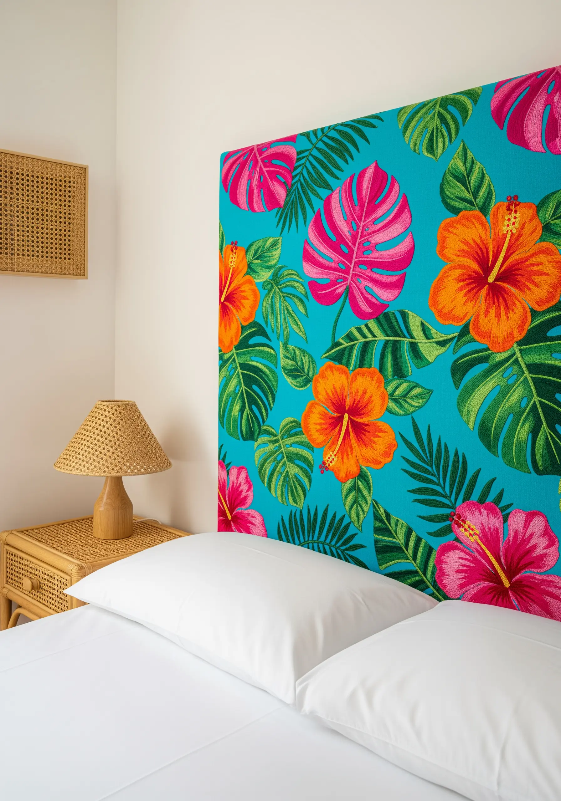 A vibrant tropical pattern with hibiscus flowers and monstera leaves on a turquoise headboard.
