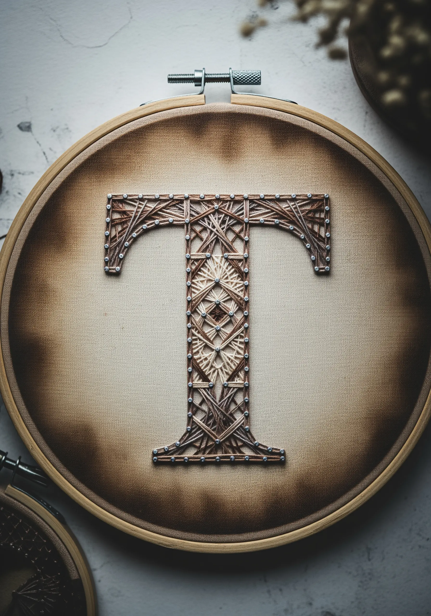 A rustic monogram on fabric that has been stained to create a vintage, aged effect.