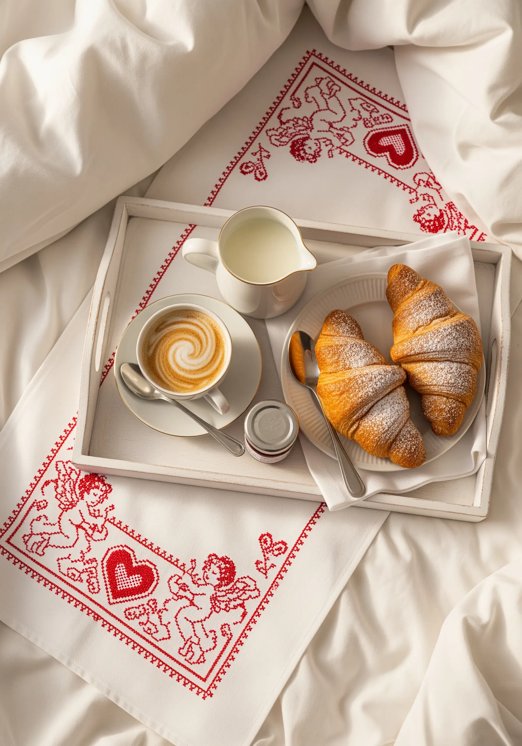 Breakfast tray with redwork embroidery placemat