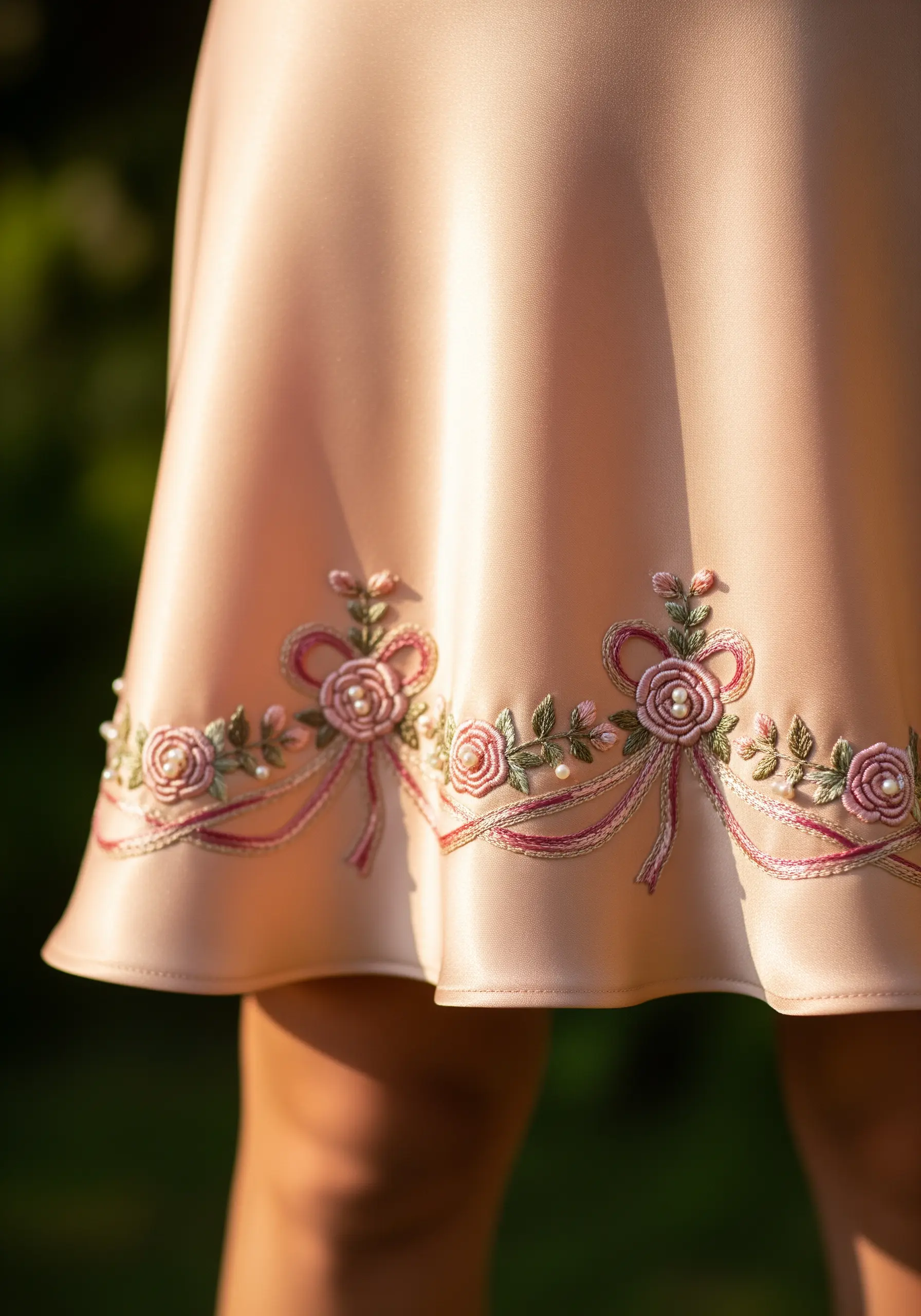 Satin champagne skirt with embroidered pink roses and ribbon garlands