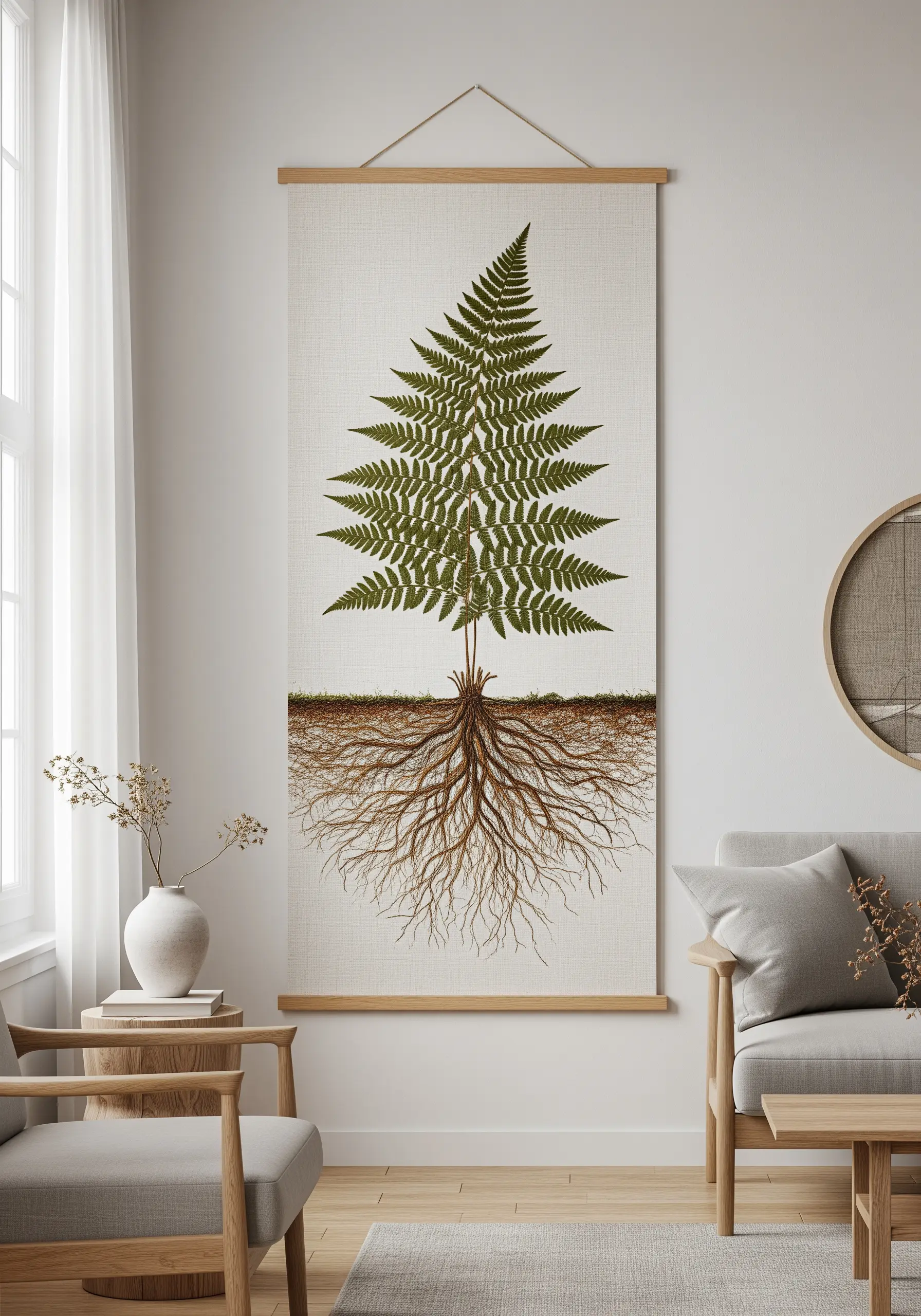 Large fern embroidery hanging scroll with wooden rails