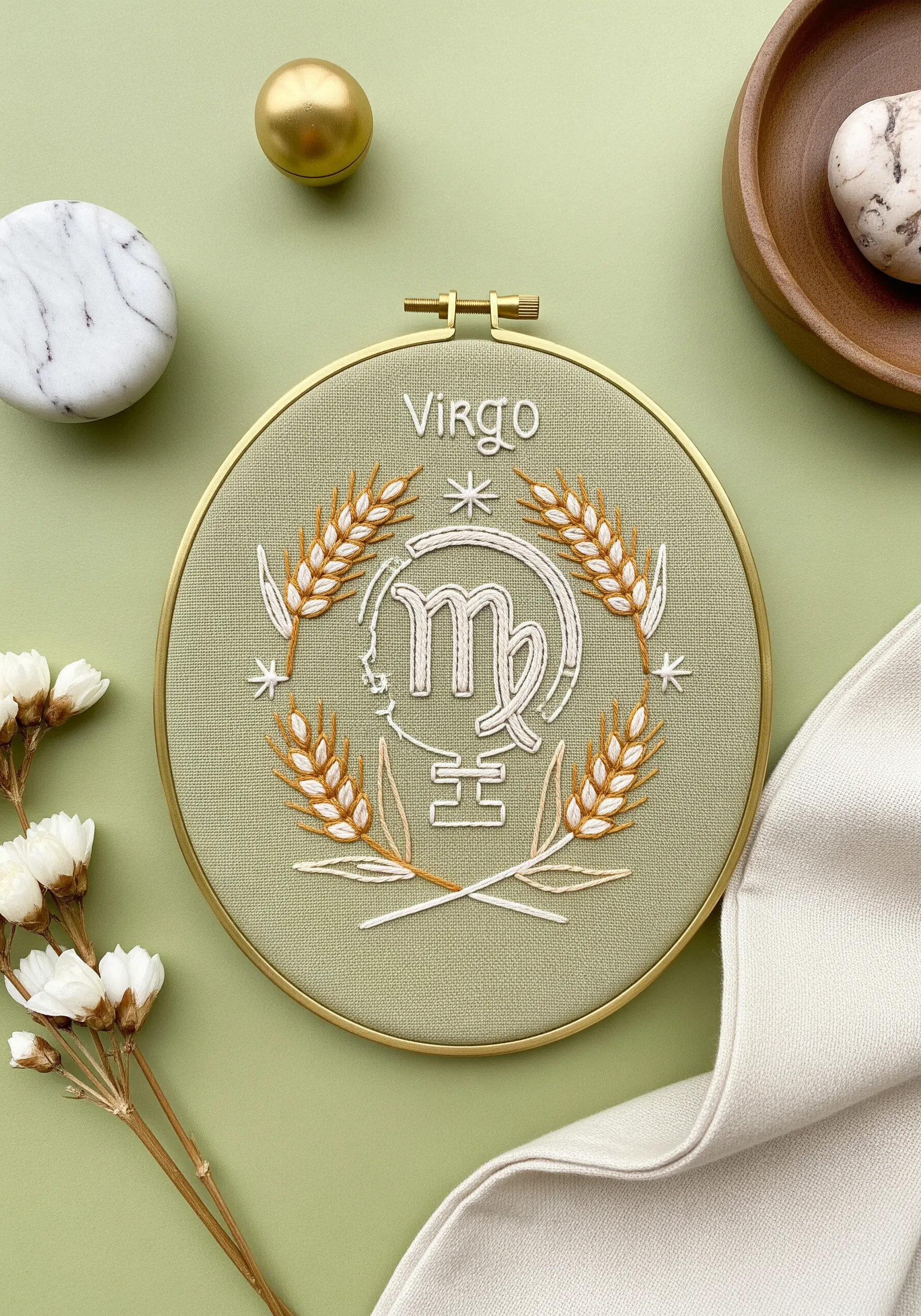 Virgo zodiac symbol in a hoop with wheat stalks embroidered in white and gold.