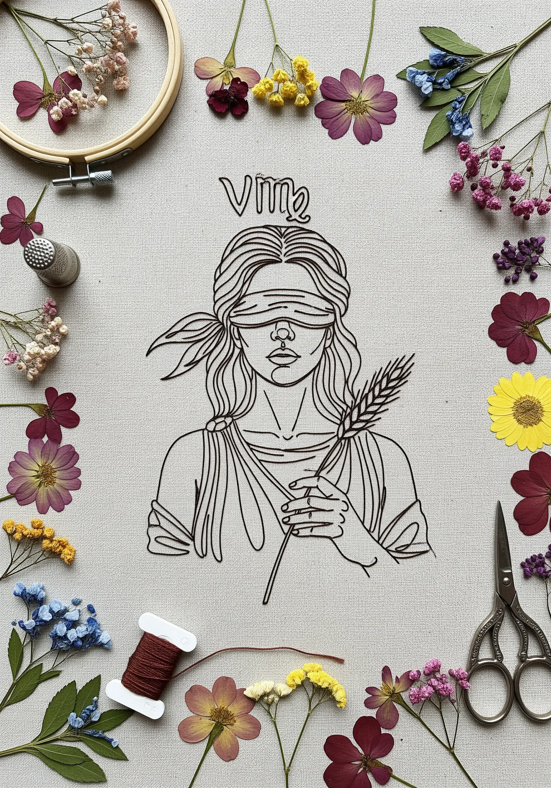 A detailed line-art portrait of Virgo, stitched in black thread on canvas and framed with dried flowers.