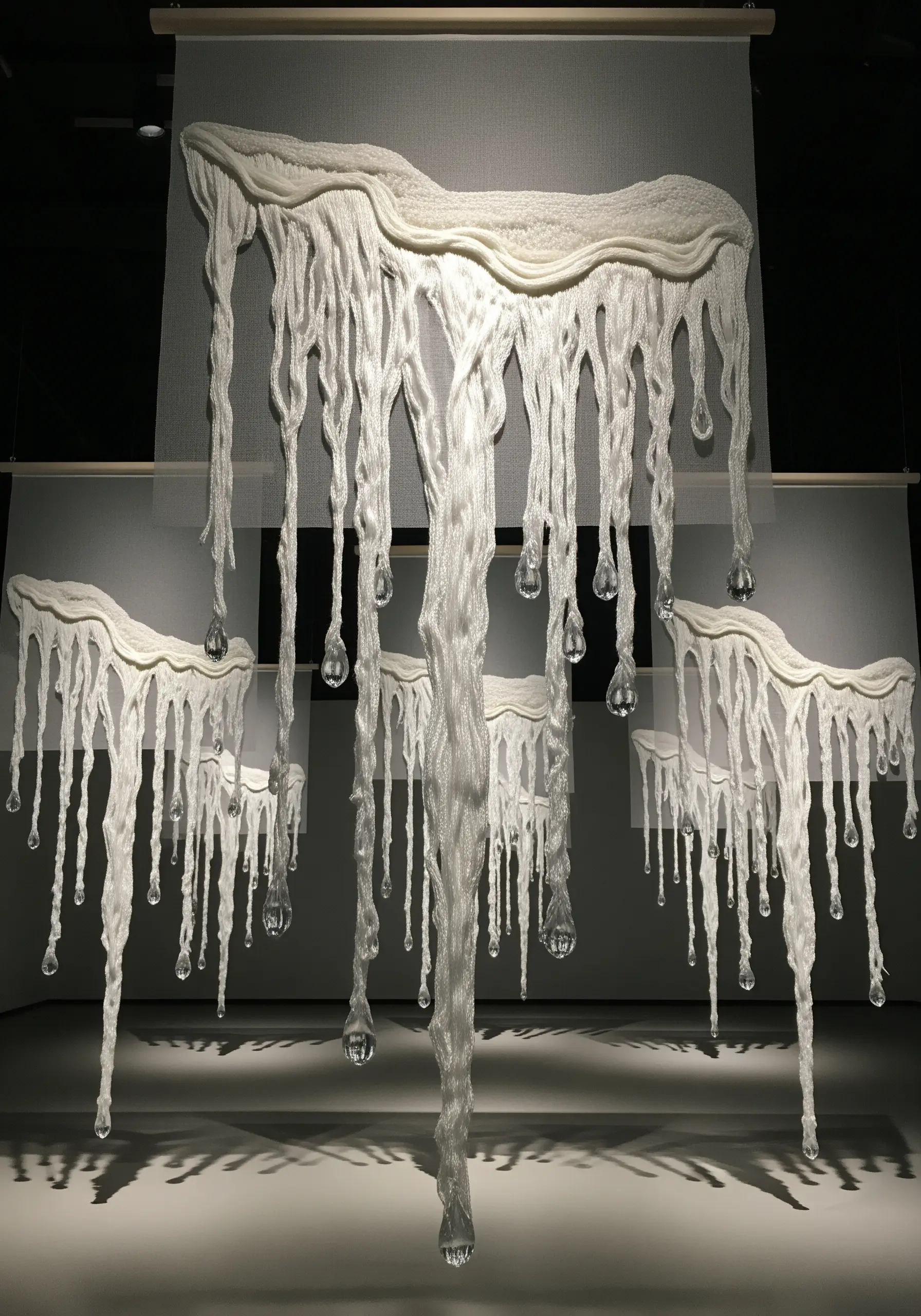 A 3D fiber art installation of dripping white yarn forms embellished with glass teardrop beads.