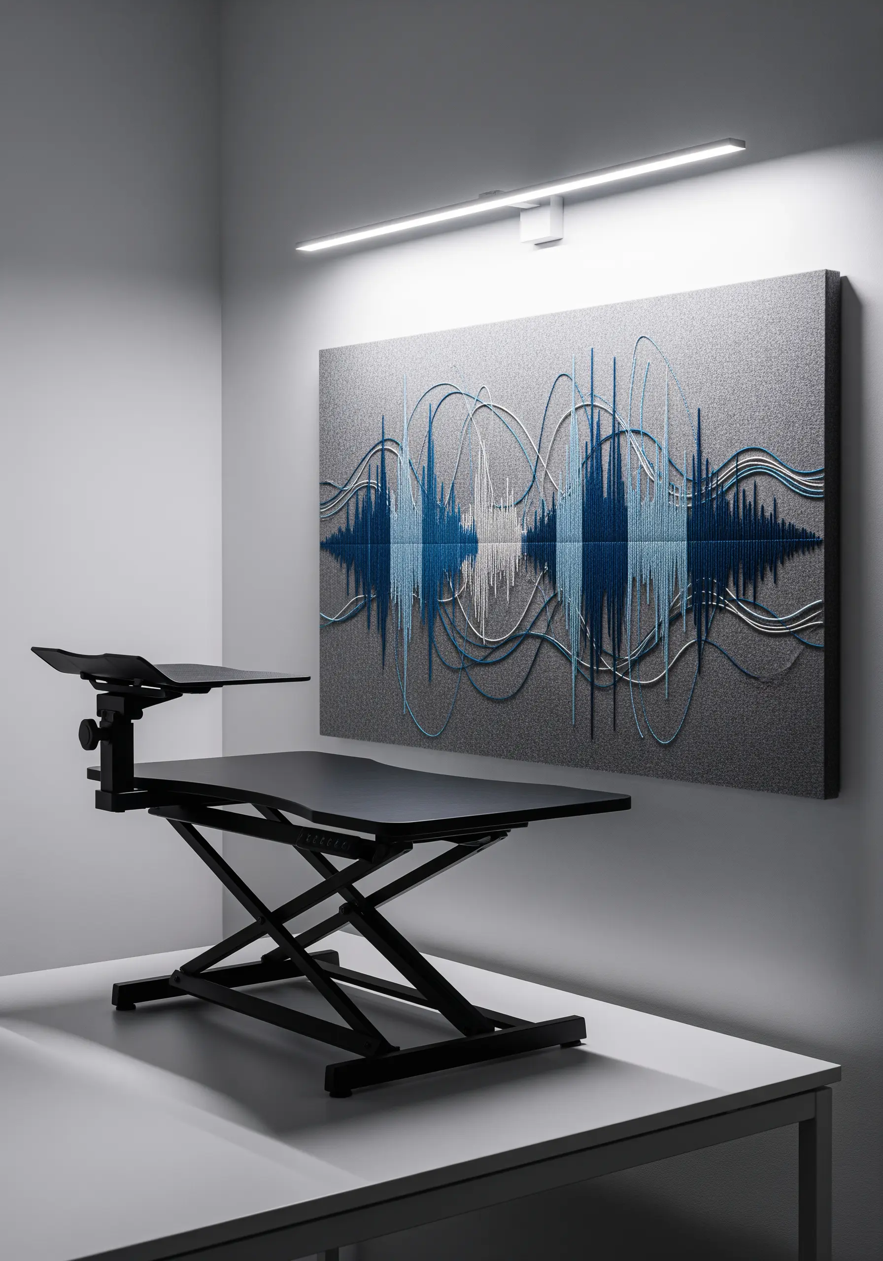 A large grey panel with three-dimensional thread art depicting a blue and white sound wave.