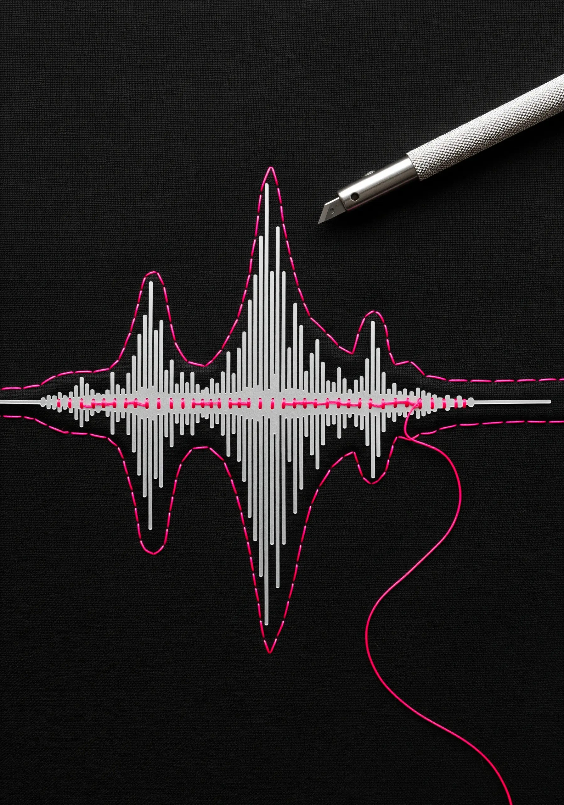 A white paper cutout of a soundwave on black fabric, outlined with pink embroidery thread.