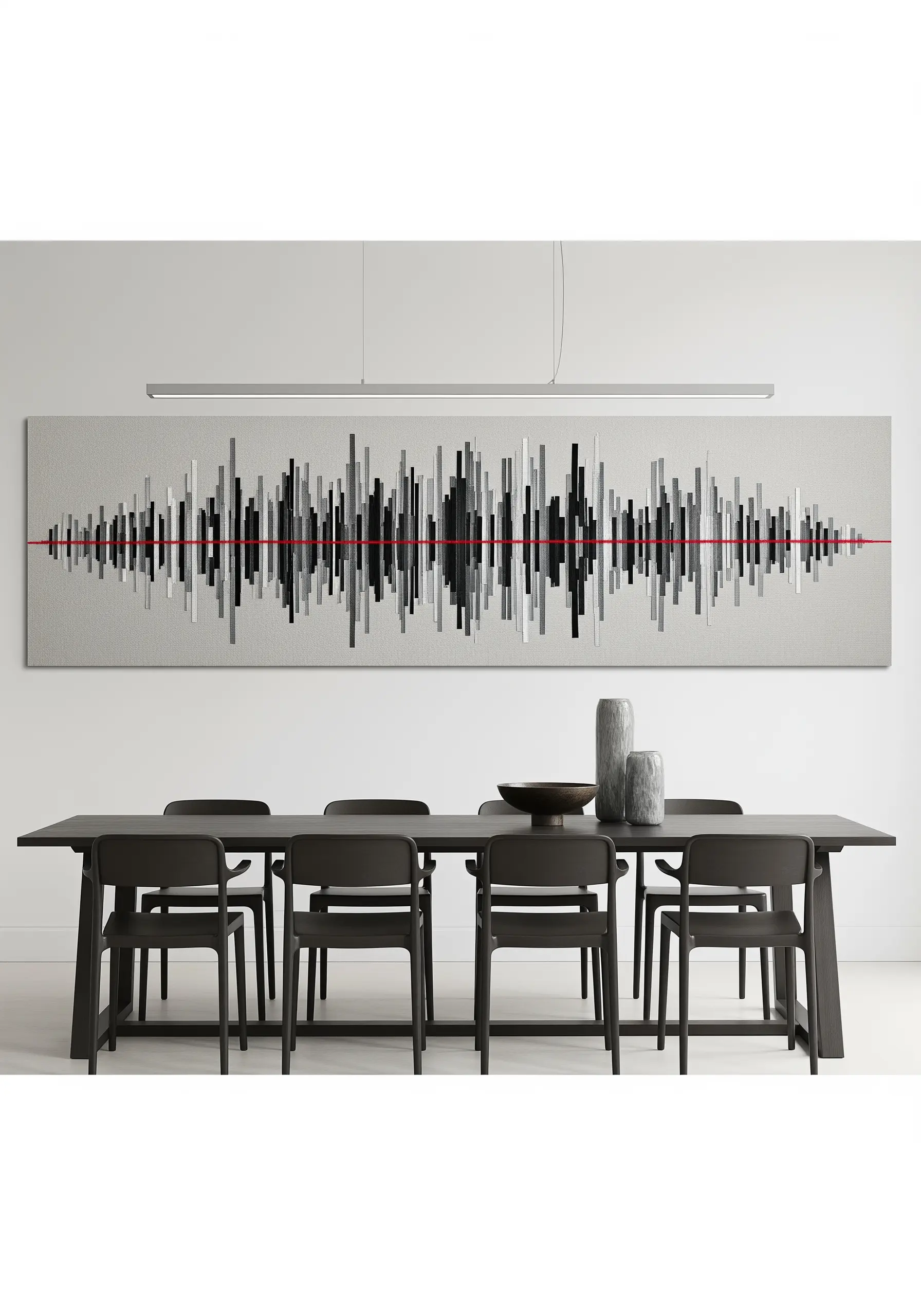 Large wall art depicting a soundwave, made from vertical strips of grey, black, and white fabric.