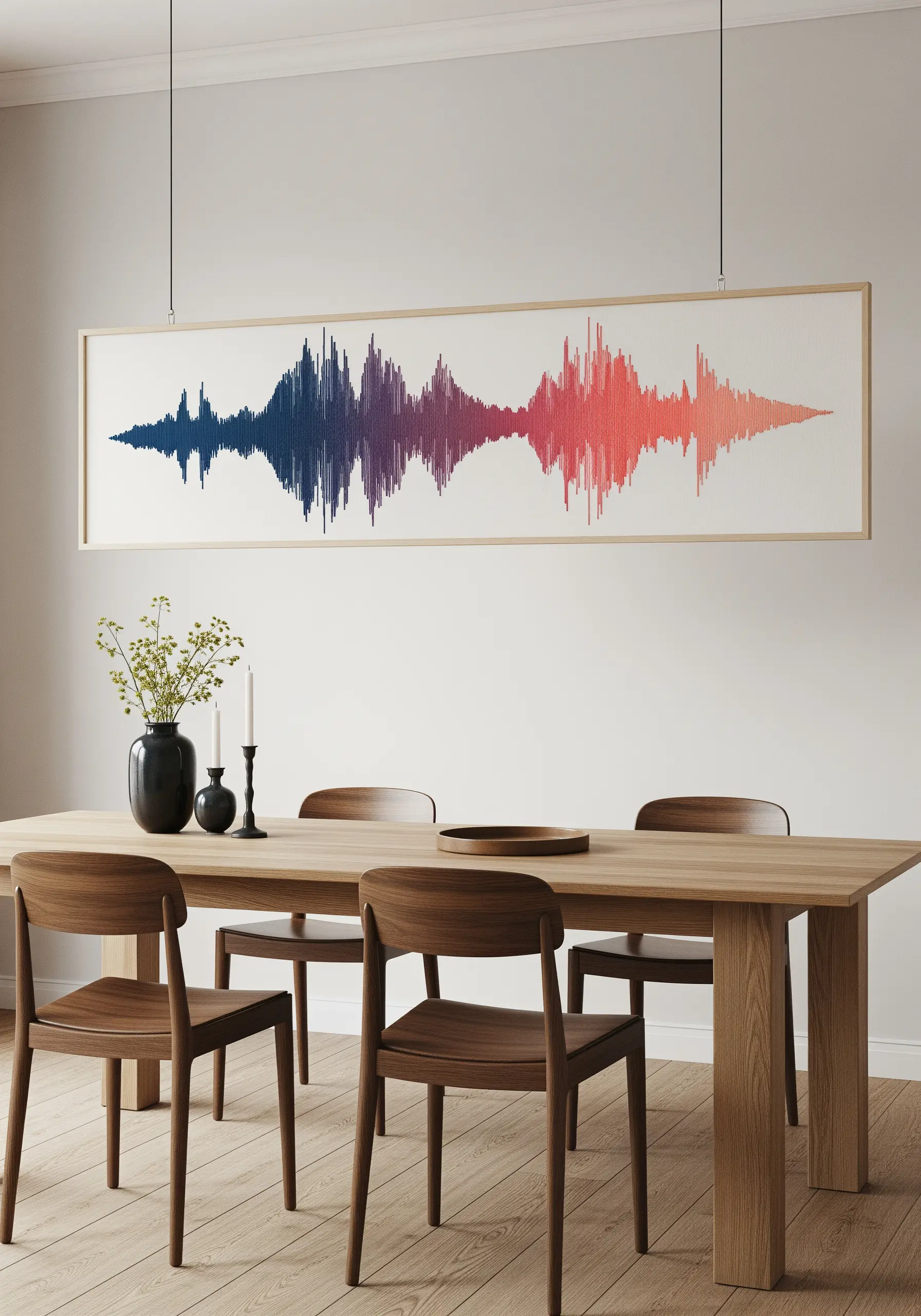 A long, framed embroidery depicting a soundwave in a blue-to-red color gradient.