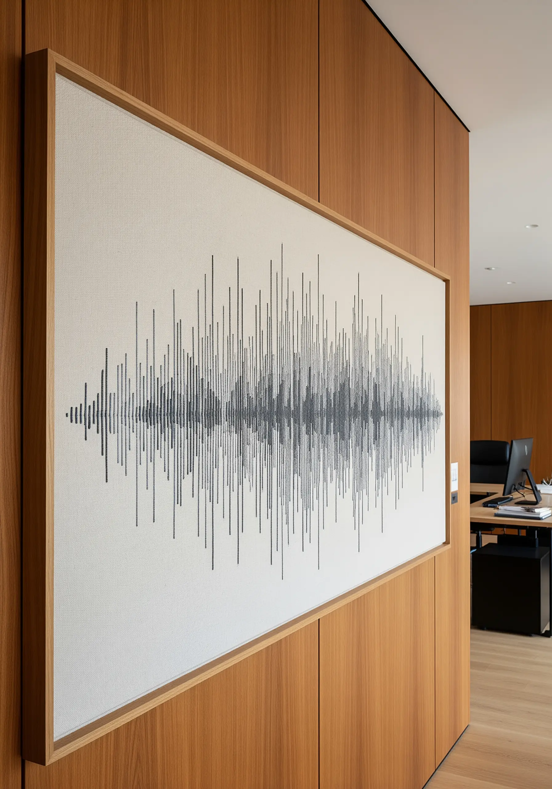 A large, framed embroidery depicting a precise audio soundwave in black thread on white linen.