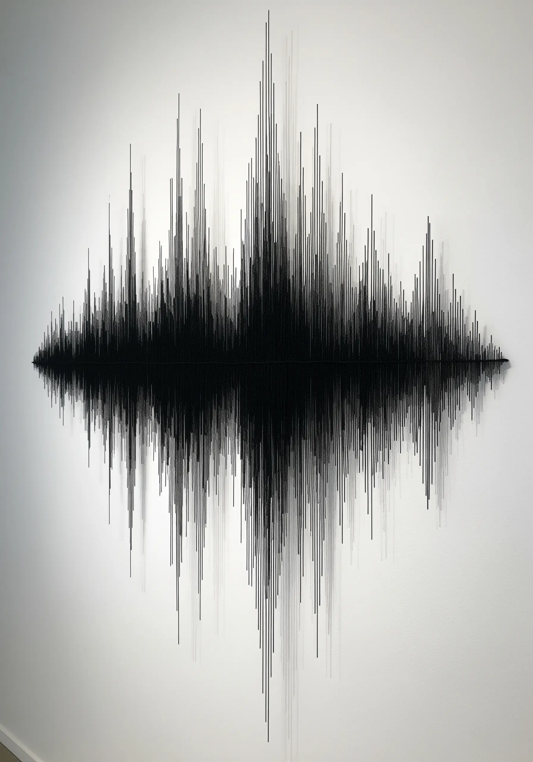 A 3D sculpture of a soundwave made from thousands of vertically hanging black threads.