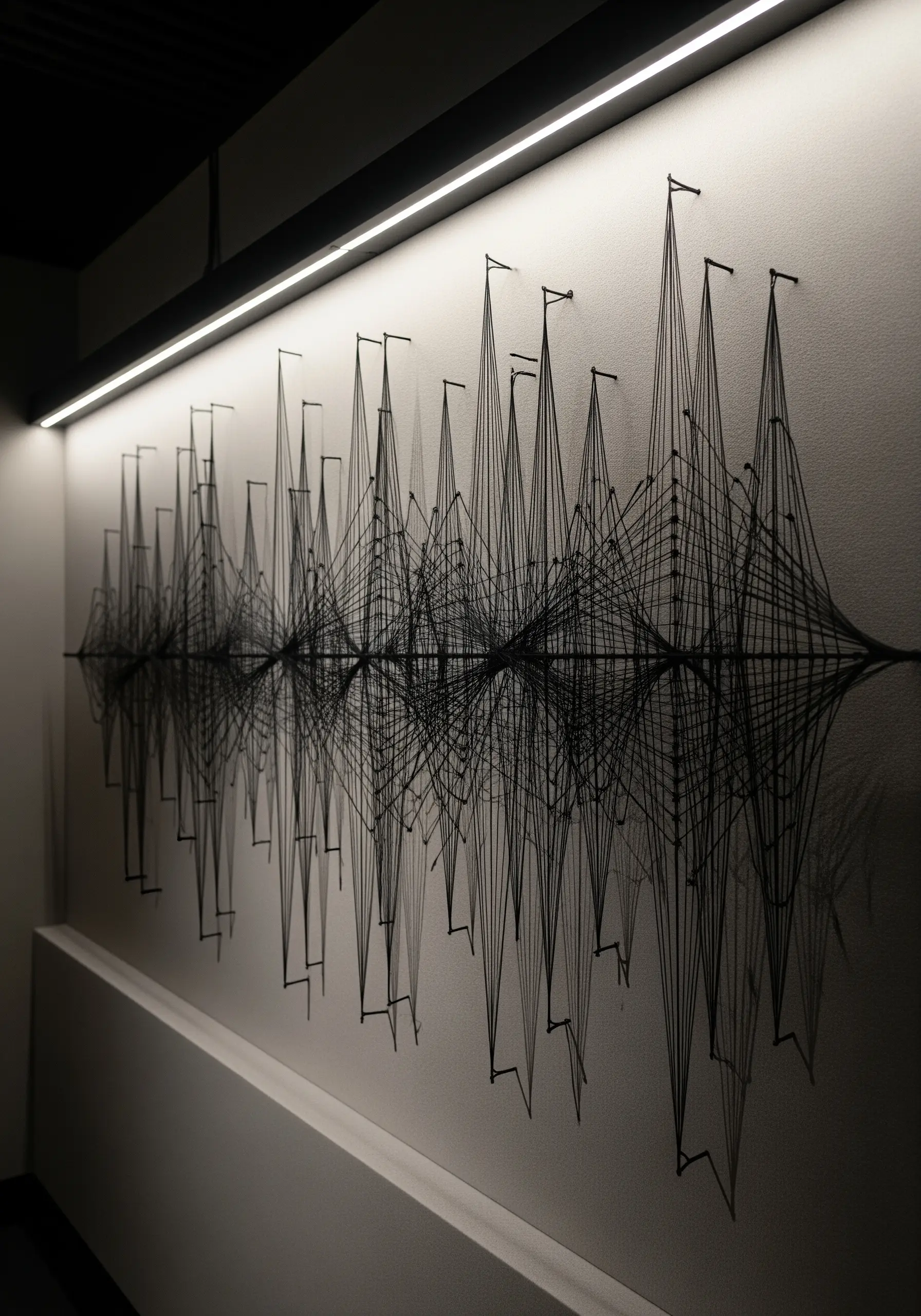 A black thread art installation of a soundwave, created with nails on a white wall.