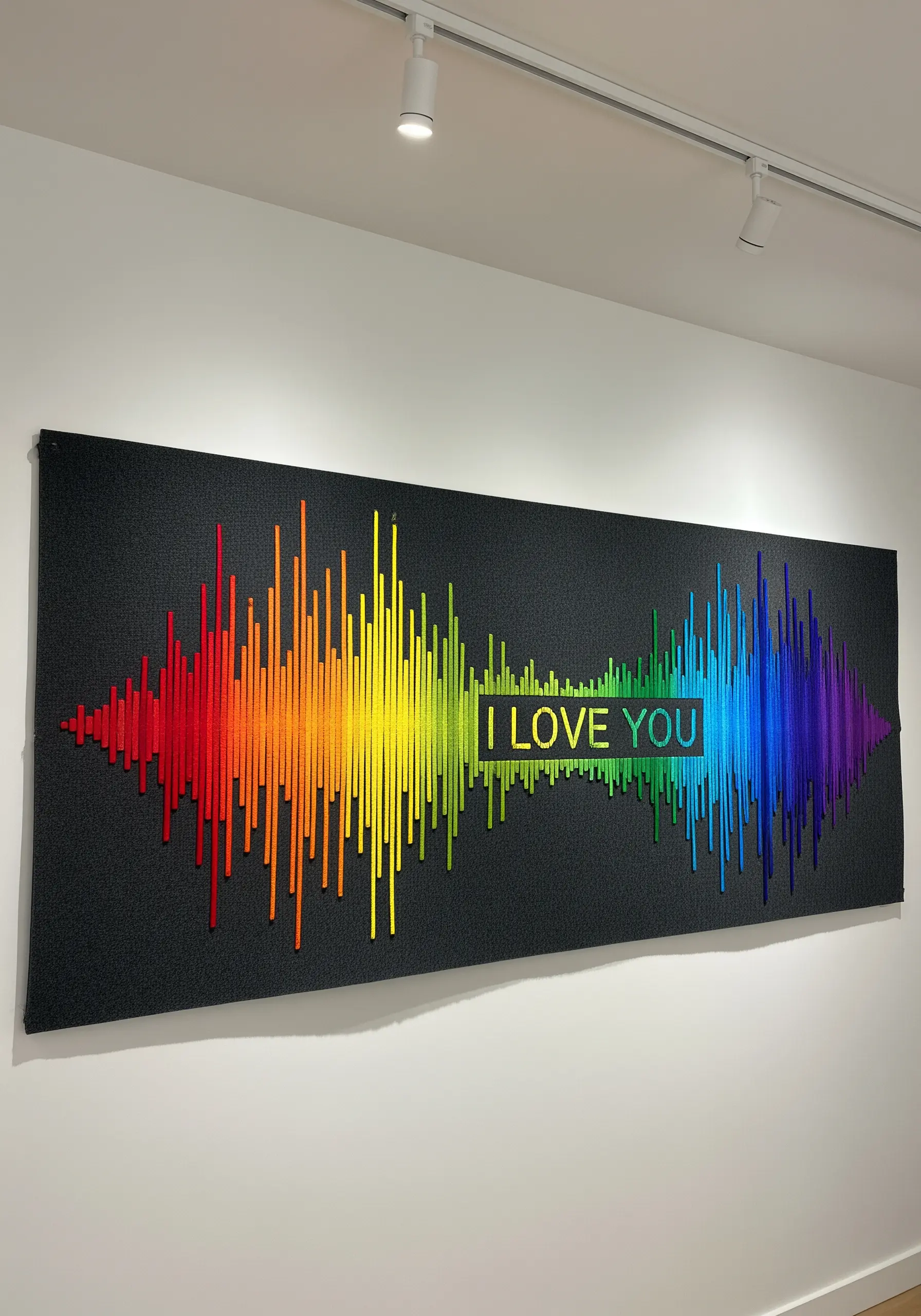 A large wall installation of a rainbow-colored sound wave with 'I Love You' text.