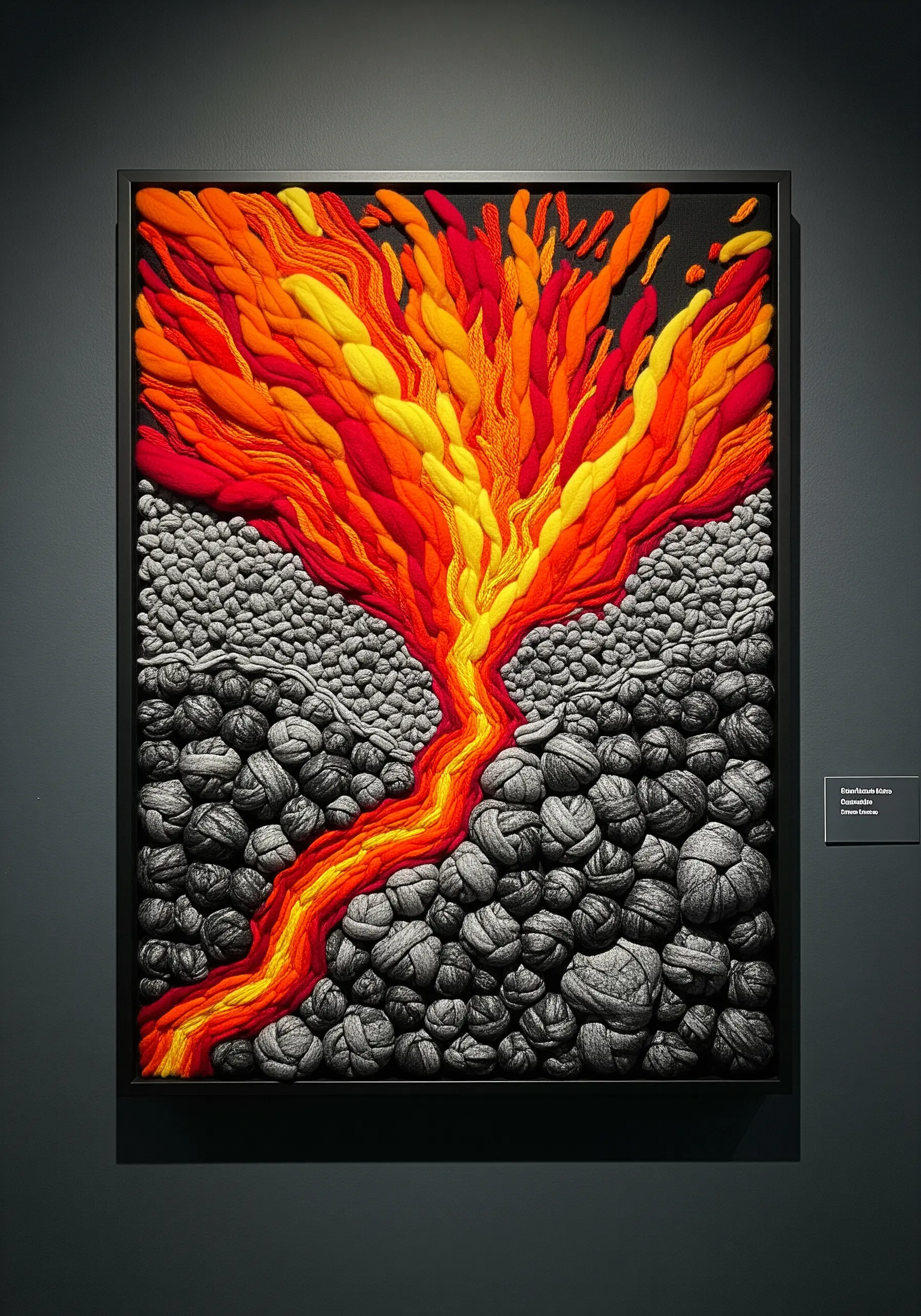 Framed fiber art of a volcano erupting, with thick orange roving for lava and gray knots for rock.