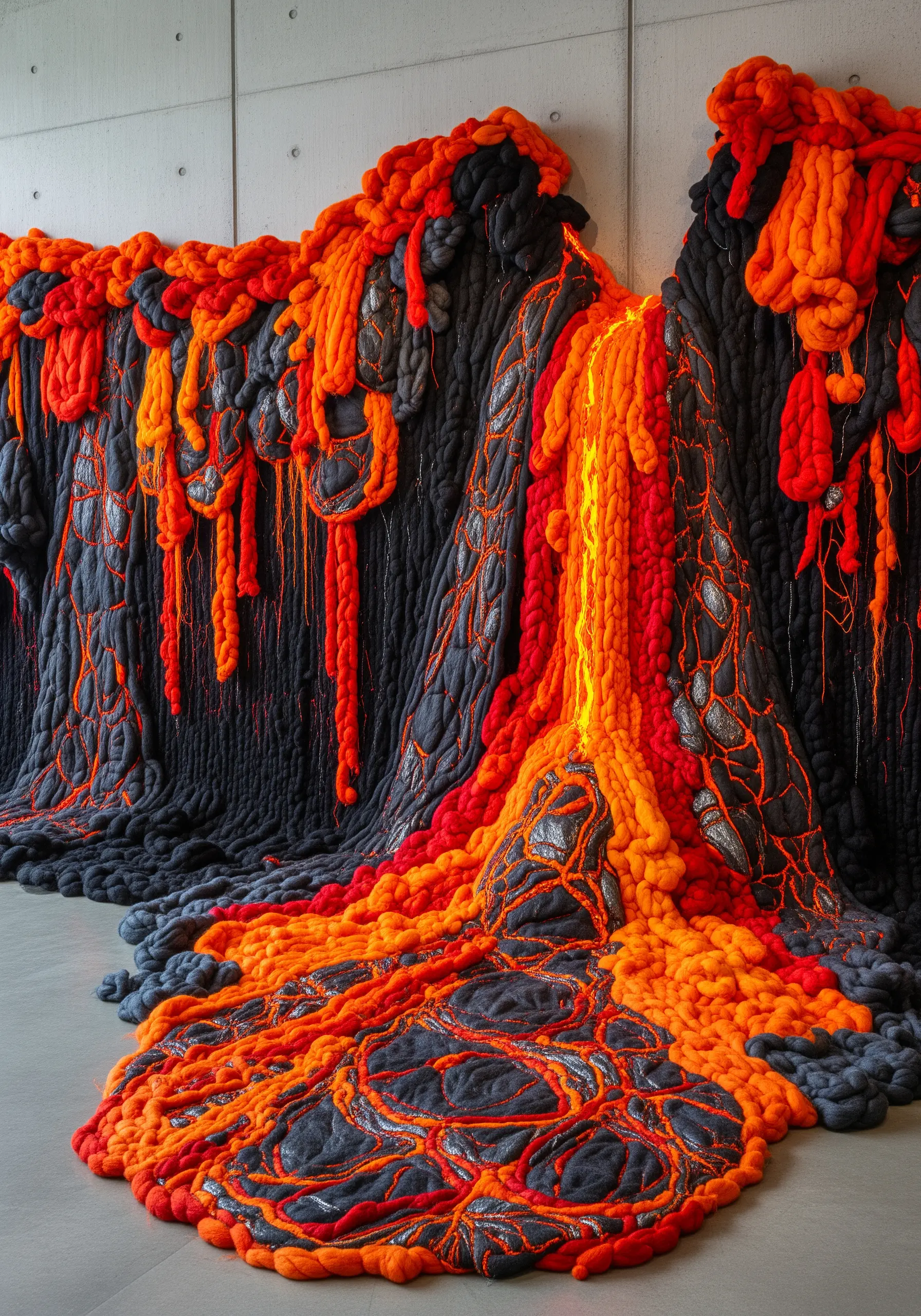 A fiber art wall installation depicting a volcano with flowing orange and red lava made of yarn.
