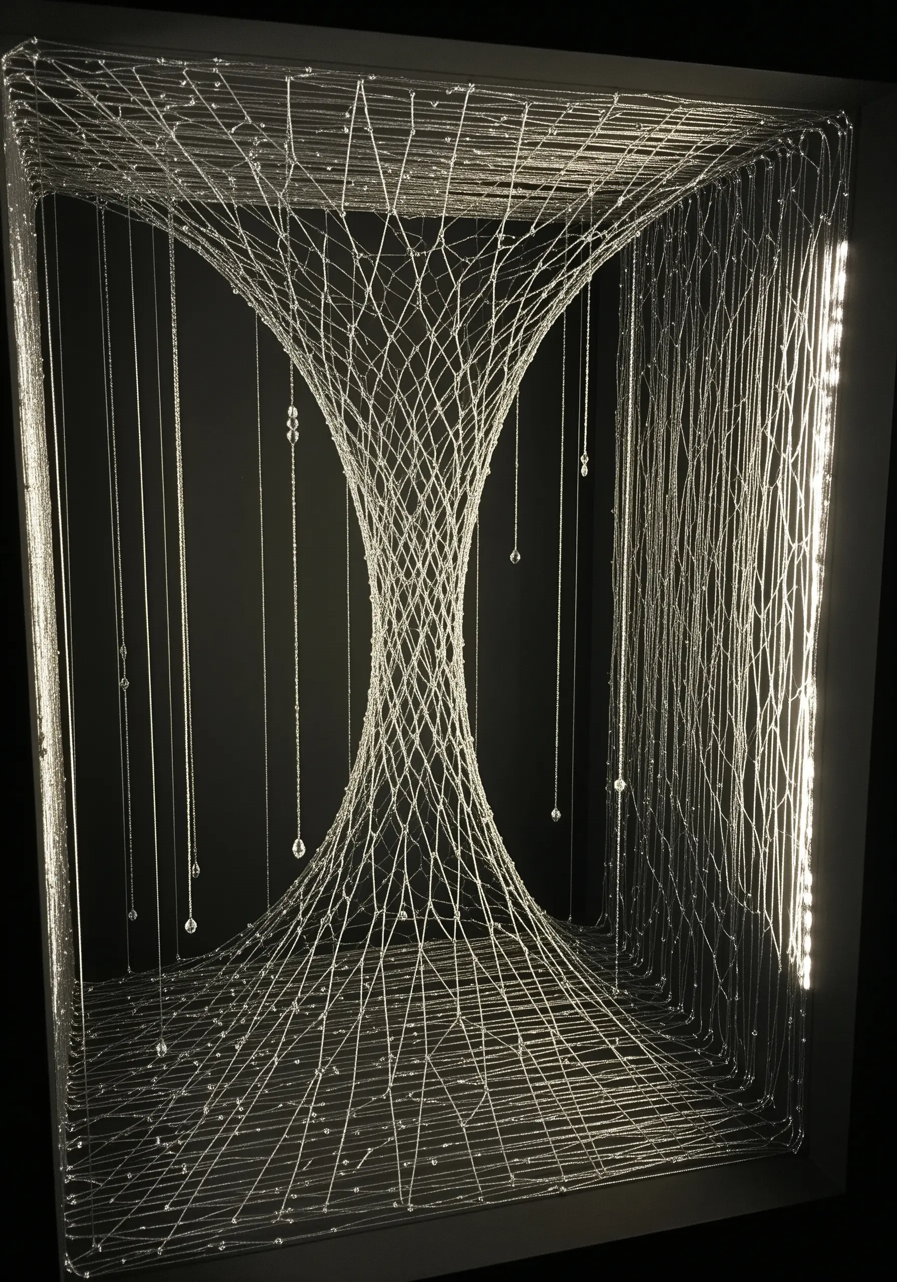 A 3D string art installation in a box, showing a grid of threads warped into a central funnel.
