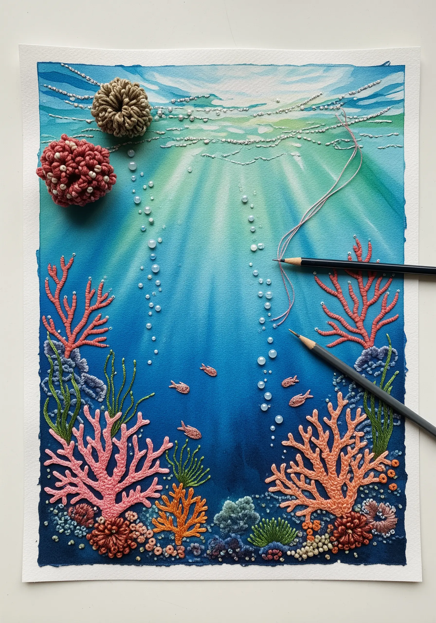 Underwater scene with embroidered coral and bubbles on a watercolor-painted background.