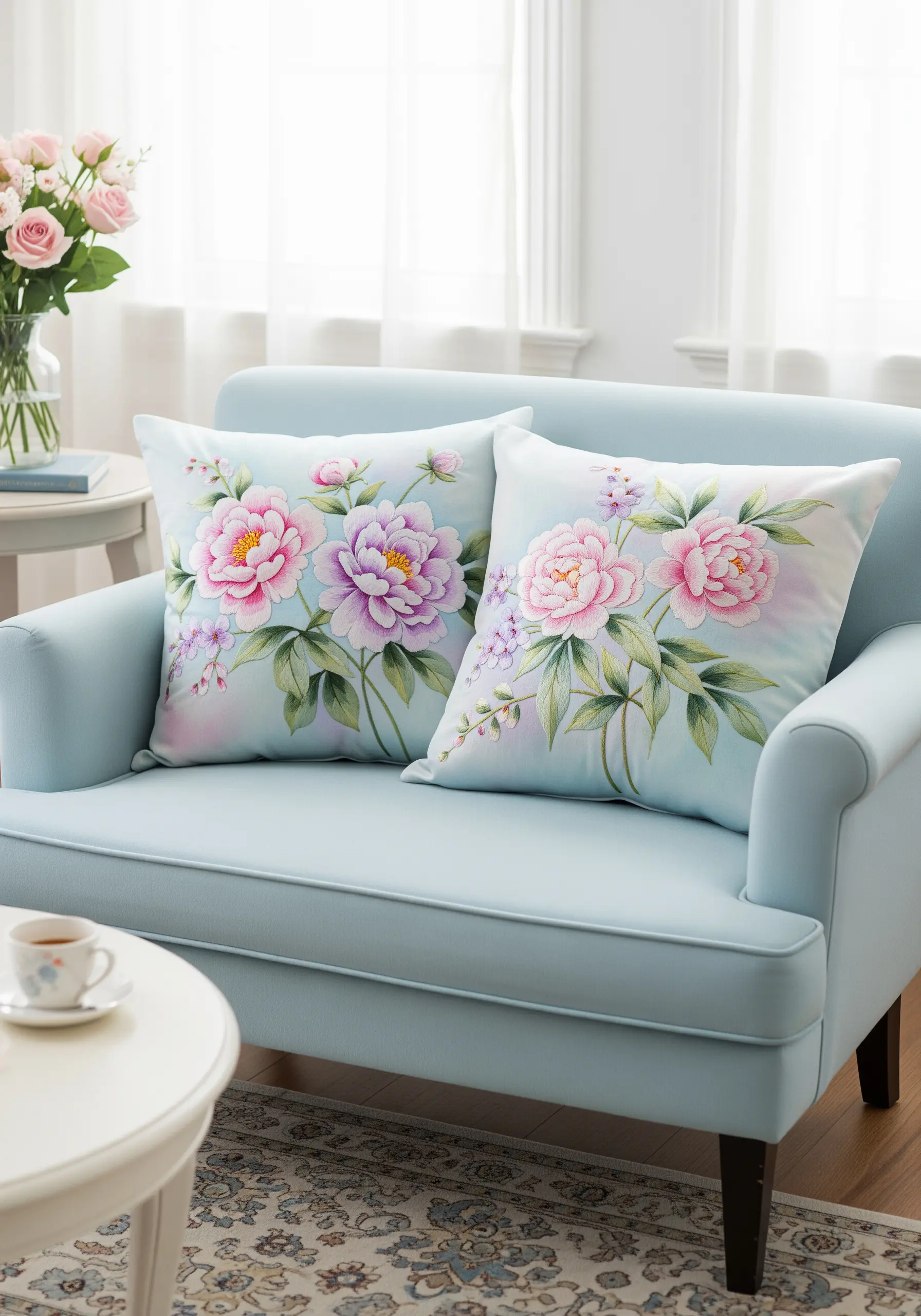 Two pillows with large, soft pink and purple peonies that have a watercolor-like quality.