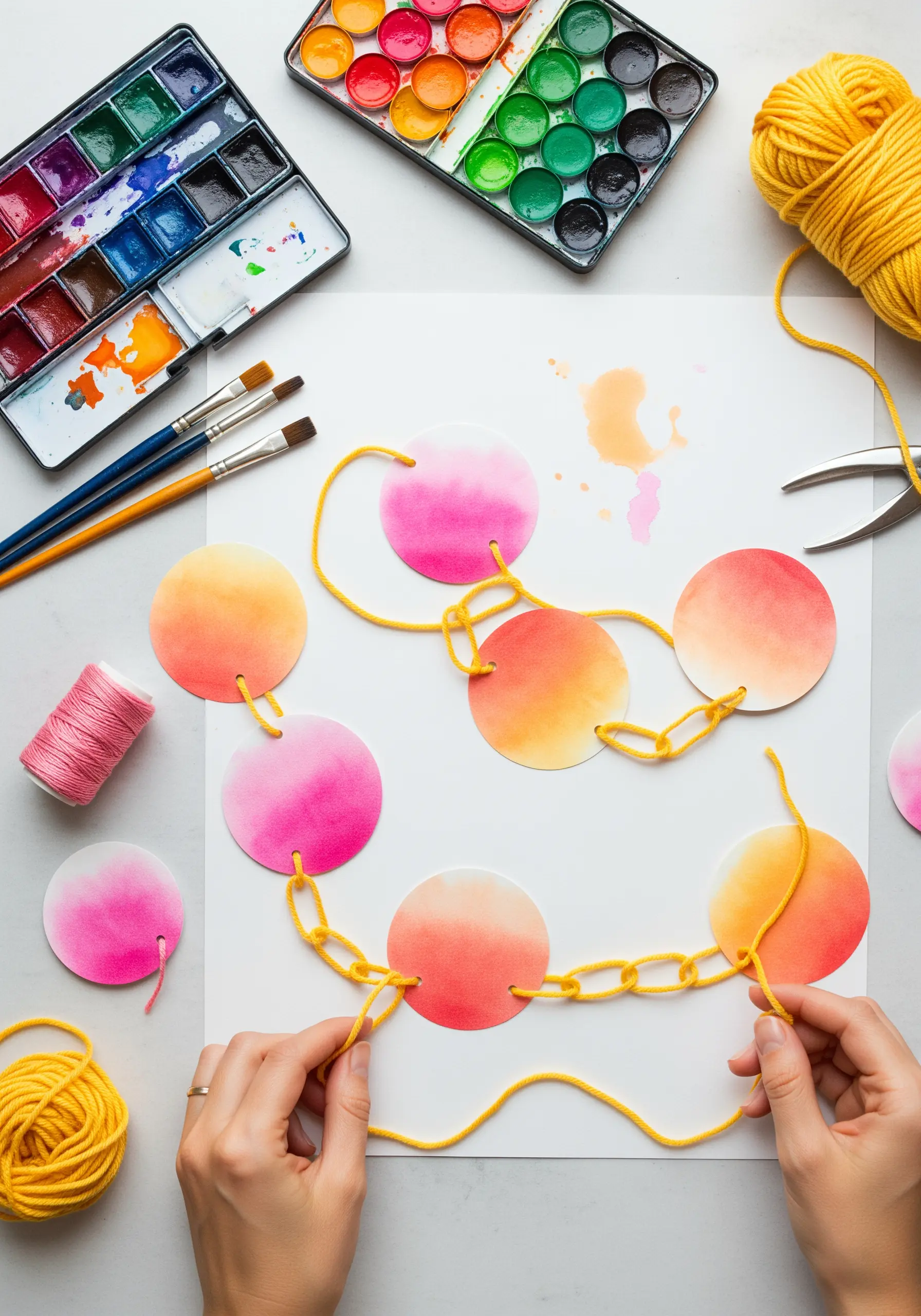 Watercolor-painted paper circles being linked together with yellow yarn to form a garland.