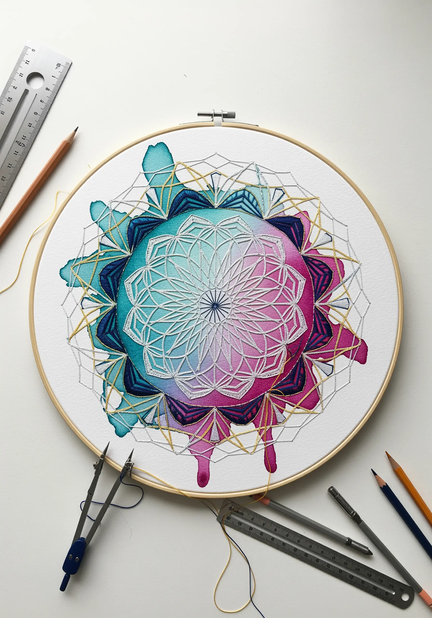 A geometric mandala embroidered in white thread on fabric, with watercolor paint bled into the design.