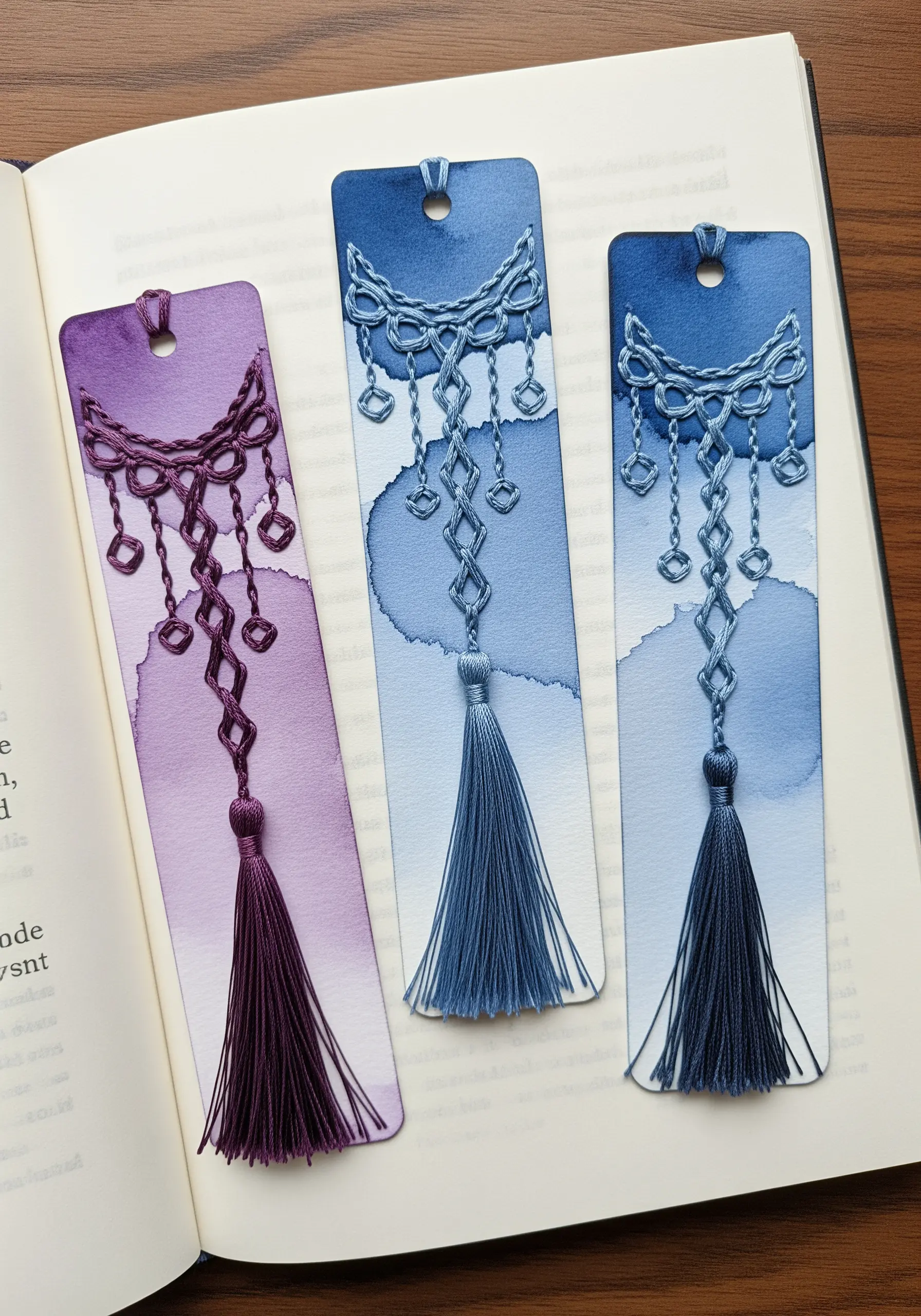 Three bookmarks with purple and blue watercolor washes, each featuring intricate embroidered patterns.
