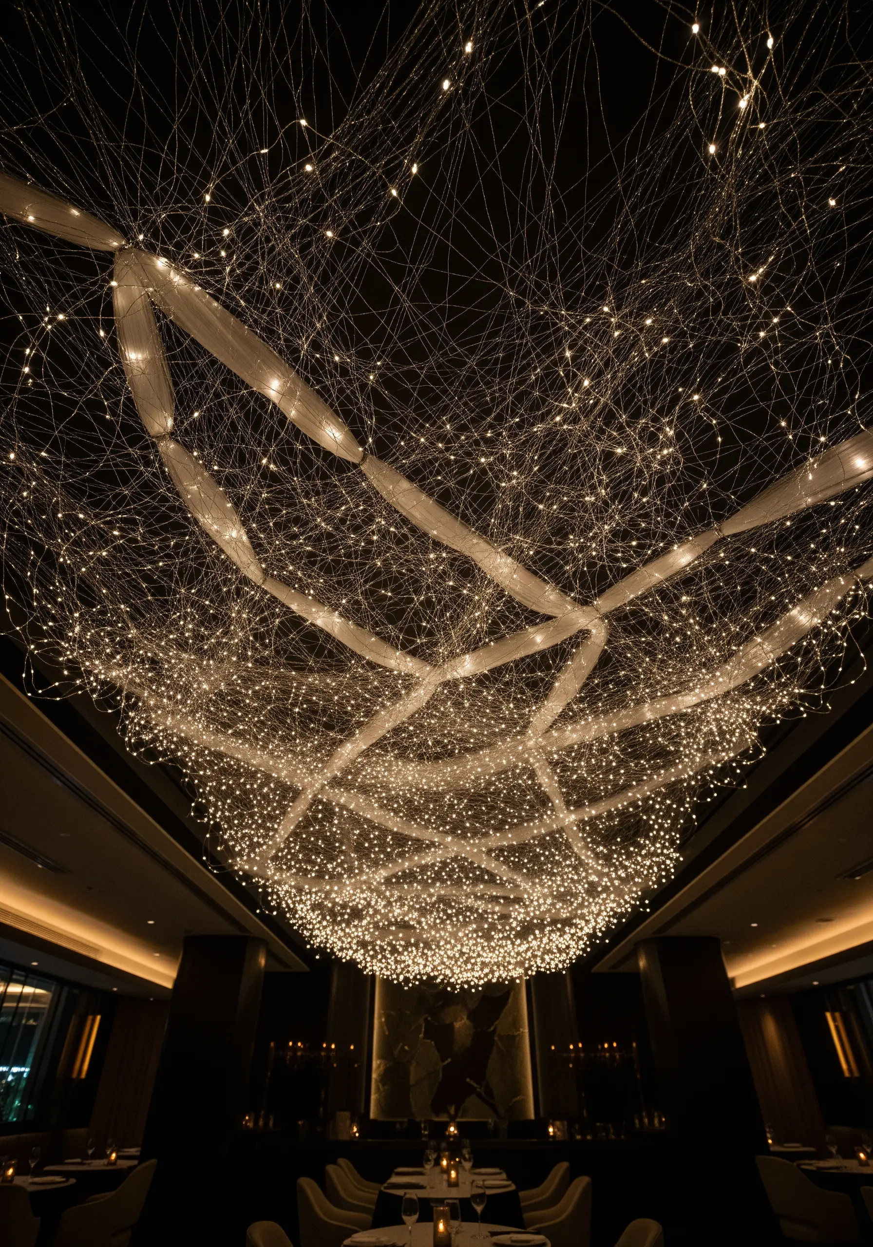 A dark ceiling covered in a web of fairy lights and sheer fabric, creating a galaxy effect.