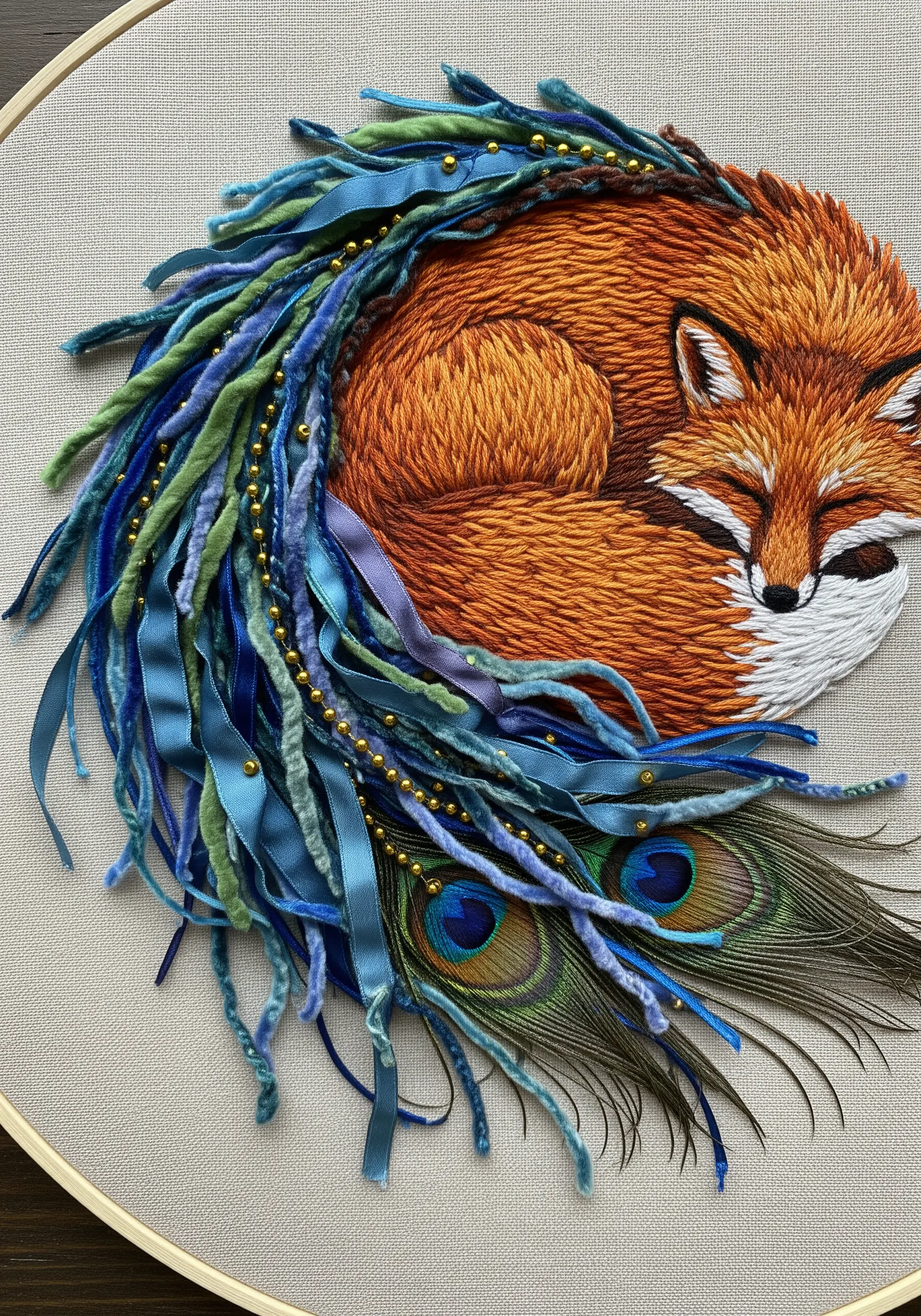 Thread-painted sleeping fox with a mane of blue-green ribbons, yarn, and a peacock feather.
