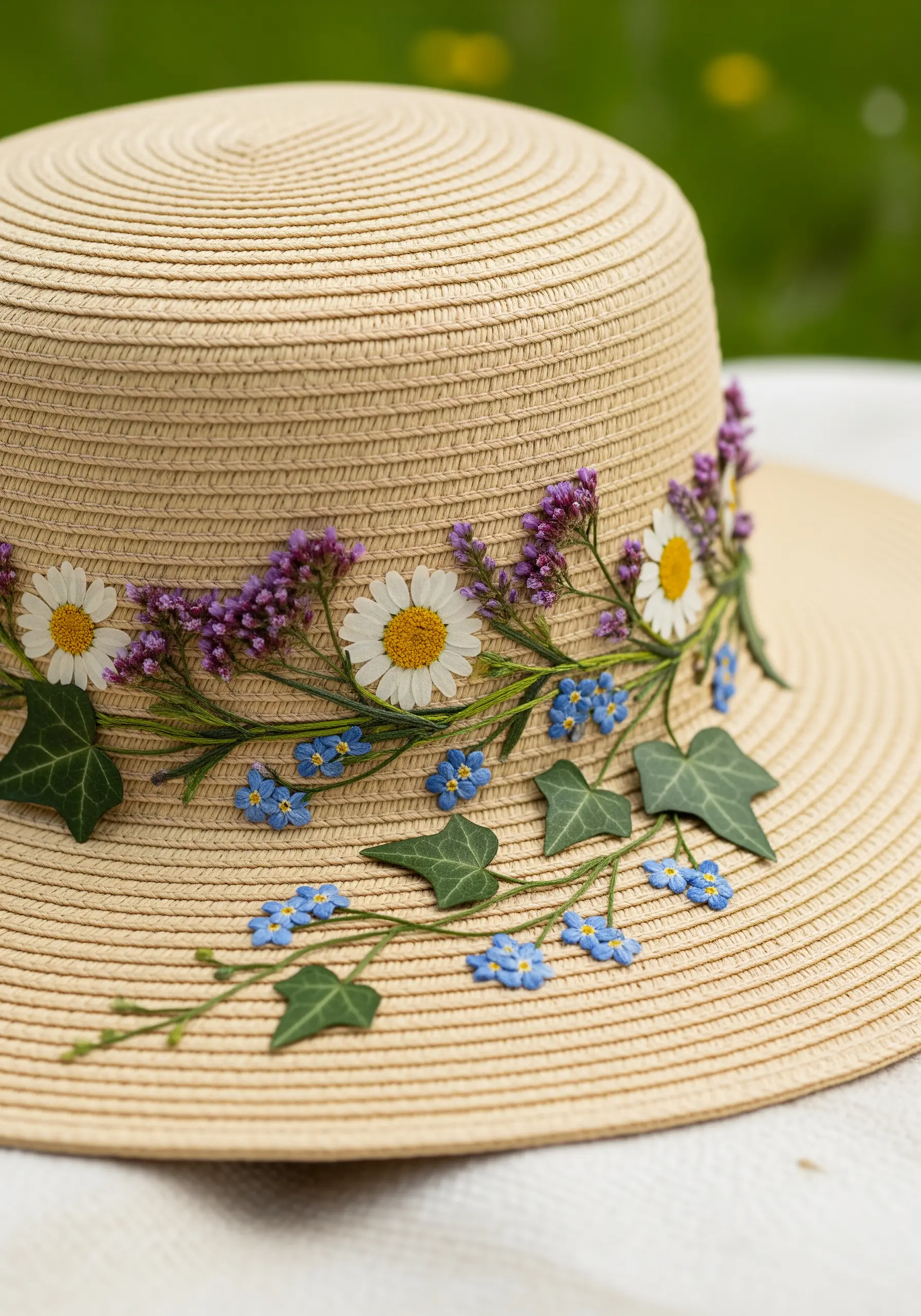 A straw hat embellished with a floral band of embroidered daisies, ivy, and dried purple flowers.