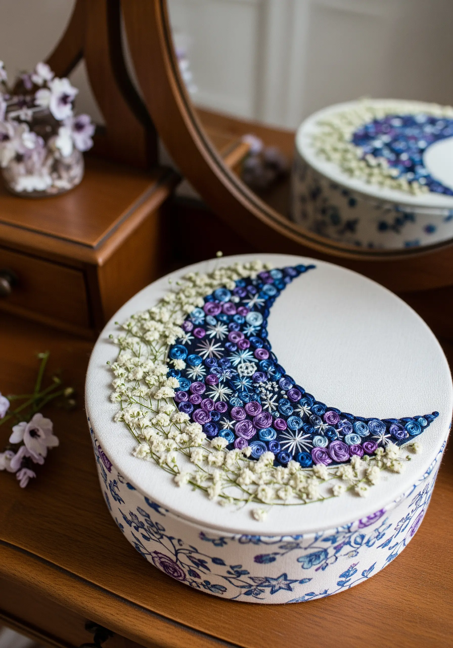 A crescent moon embroidered with blue and purple knots, framed by baby's breath on a box lid.