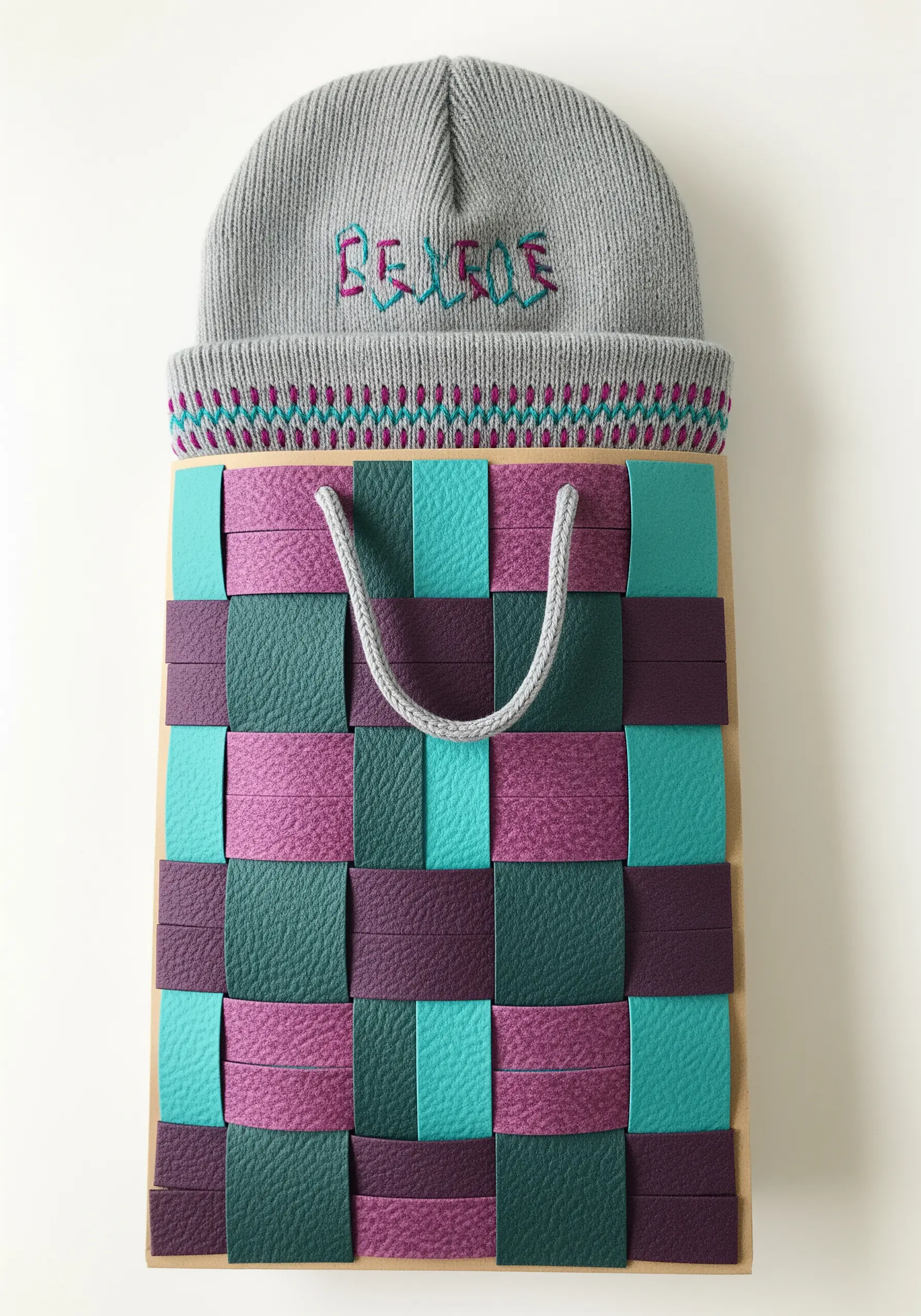 An embroidered beanie presented in a gift bag woven from strips of colored paper.