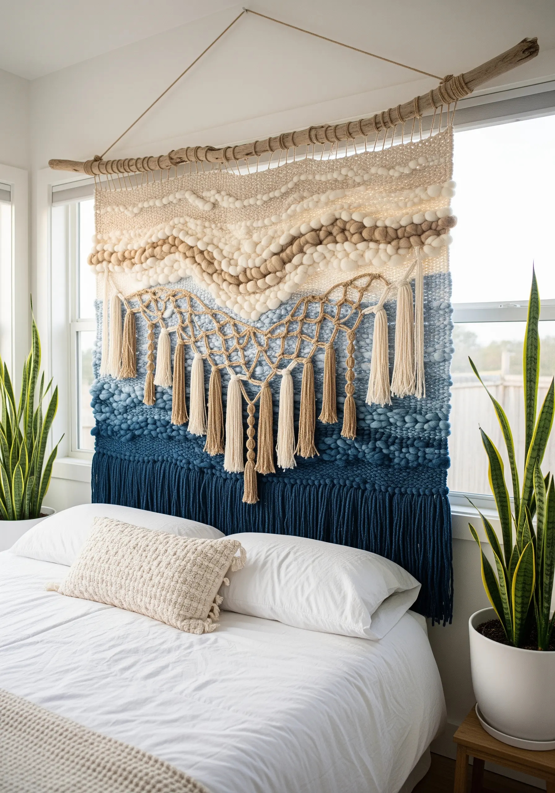 Large woven wall hanging with chunky roving, fringe, and an ocean-inspired color gradient.