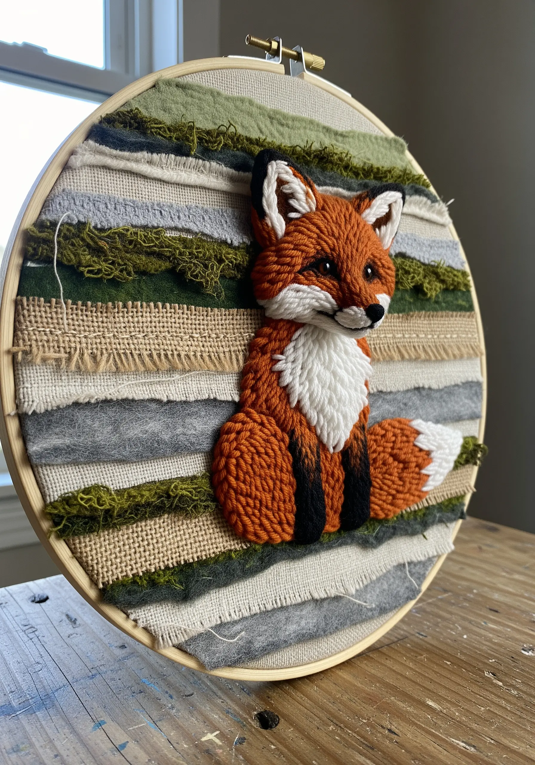 3D punch needle fox on a background of woven fabric strips and moss.