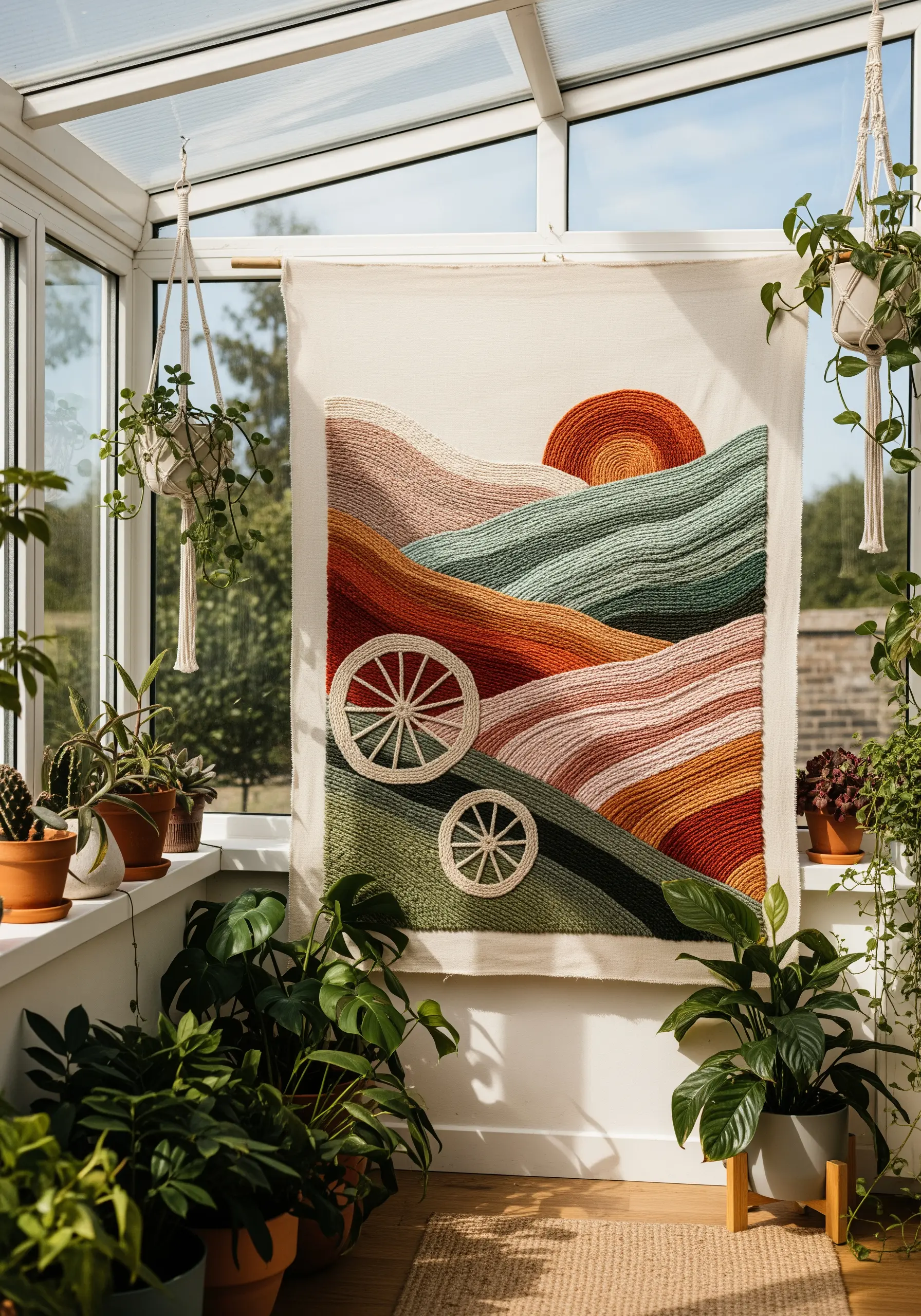 A large, textured wall hanging of a landscape made with couched yarn in earthy tones.