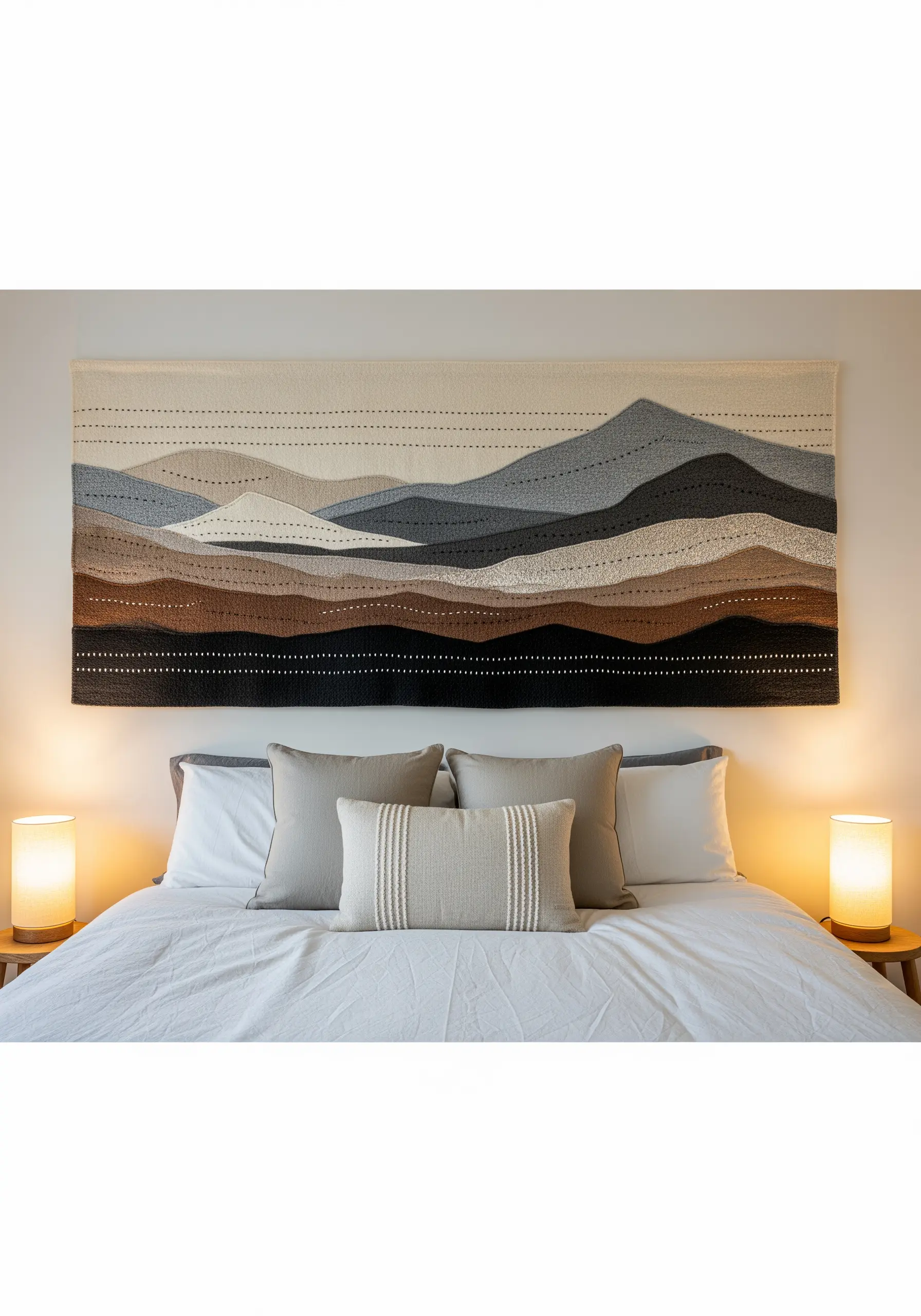 A large woven wall hanging depicting a mountain range in neutral earth tones above a bed.