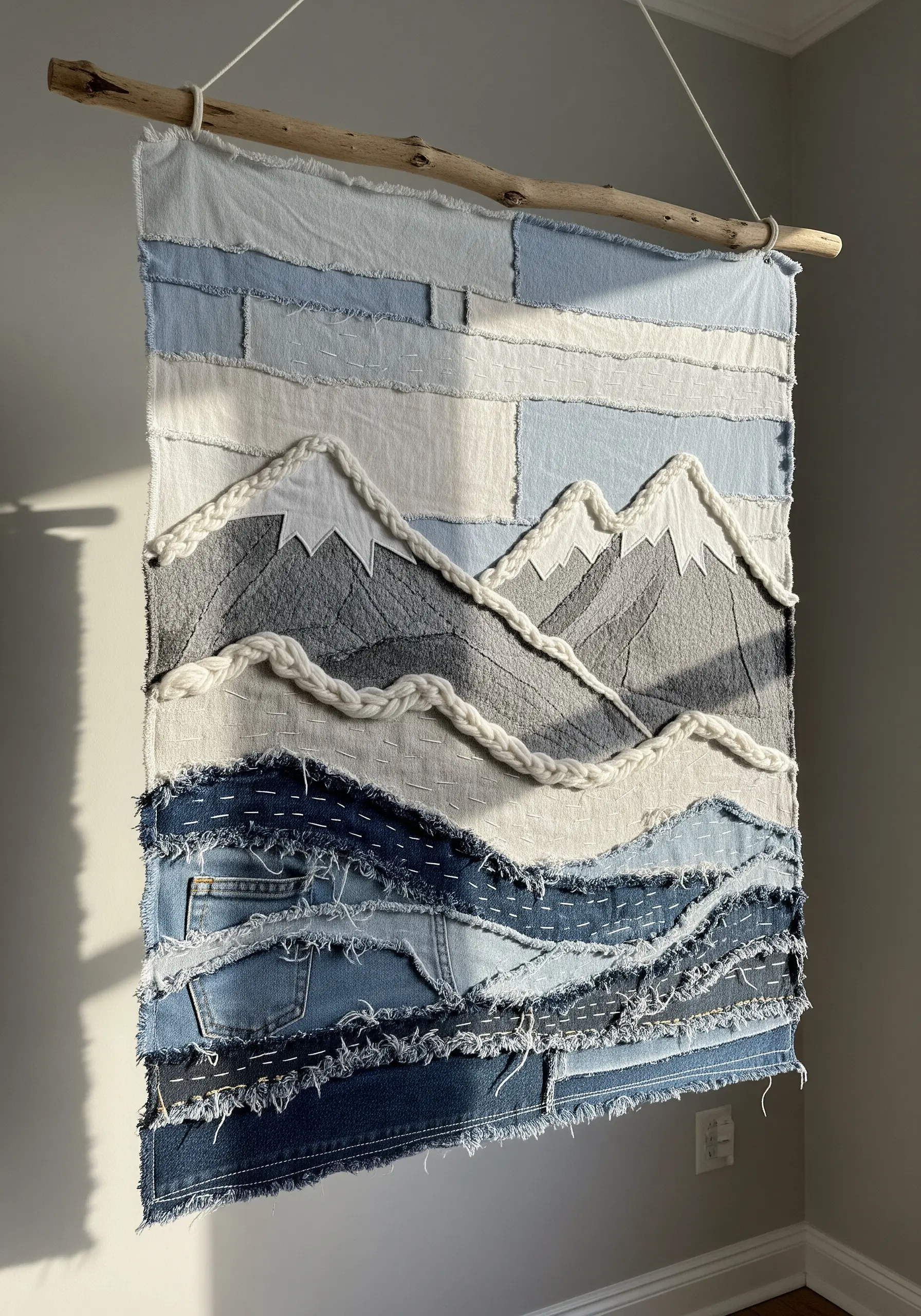 Wall tapestry of a mountain range made from layered and frayed blue denim scraps with chunky white yarn.